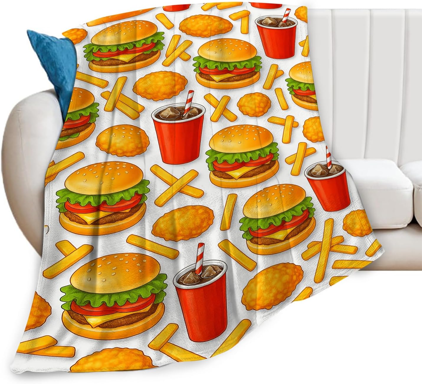 Hamburger Blanket Blanket Funny French Fries Throw Blankets for Girls Boys Super Soft Warm Fleece Flannel Food Burger Throws Gifts for Adults Men Women Cozy Plush Stuff Couch Bedding Decor 50"x40" - Image 2