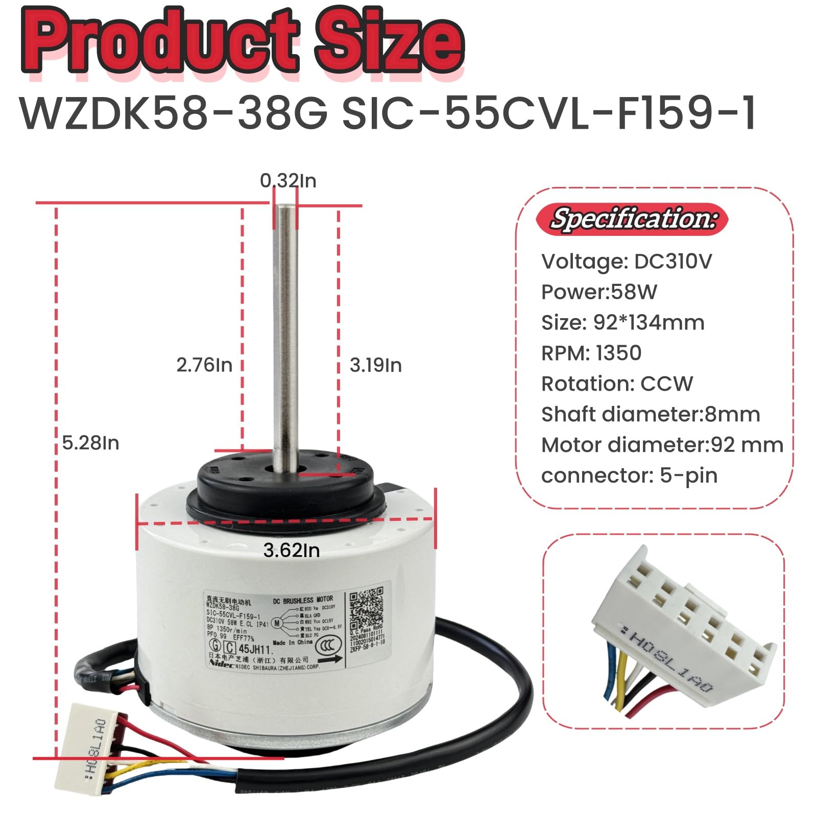 Klimaanlage Motor WZDK58-38G SIC-55CVL-F159-1 DC Bürstenloser Motor, 310V 58W 1350r/min CCW Inverter Klimaanlage Bürstenloser Gleichstrommotor für Klimaanlage