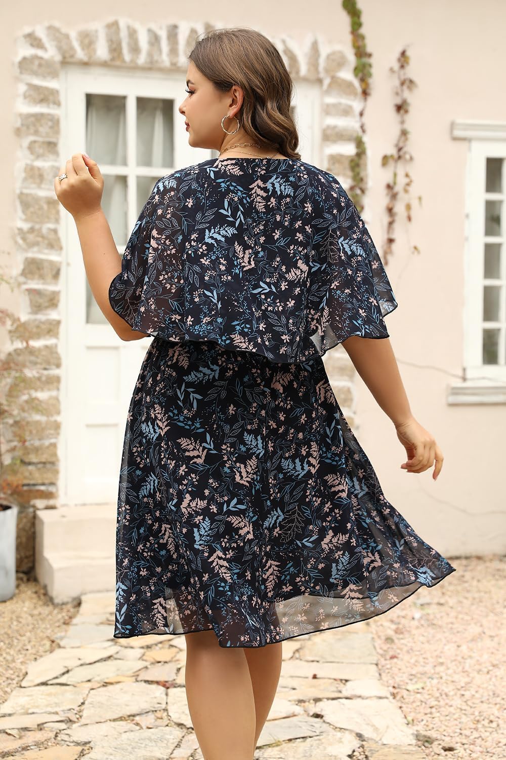 Keluummi Plus Size Summer Wedding Guest Dress for Curvy Women, Casual Boho Floral Empire Waist Midi Flowy Dress with Sleeve - Image 4