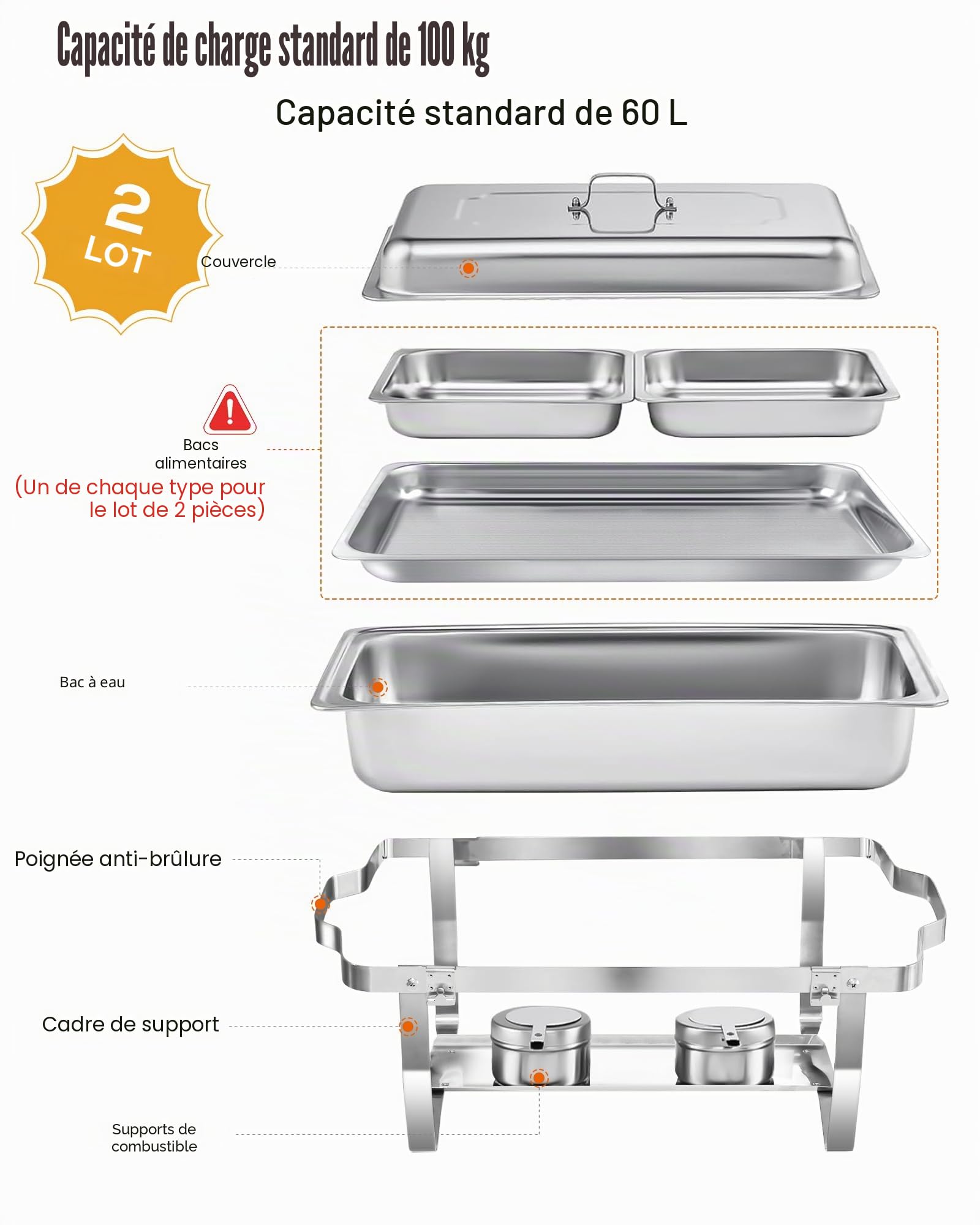 Chafing Dish Buffet 9L[Robuste et Durable], Lot de 2 récipients de Maintien au Chaud en Acier Inoxydable (Design à Bord roulé) Chauffe-Plats pour Traiteur, Buffet et fête - Silver Square