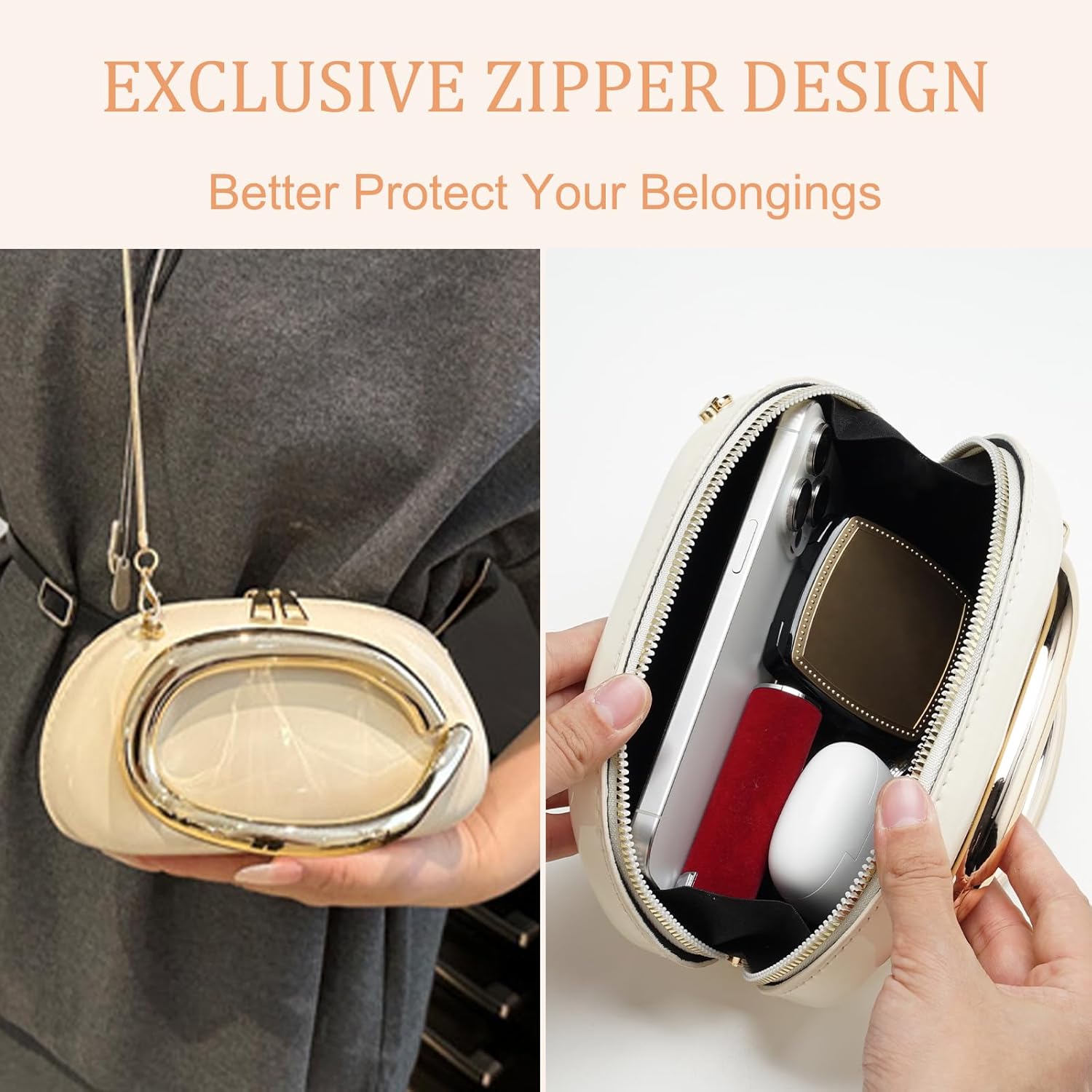 Evening Clutch Purses for Women Formal, Zipper Lightweight Trendy Metal Handle Leather Evening Bag for Wedding Party - Image 4