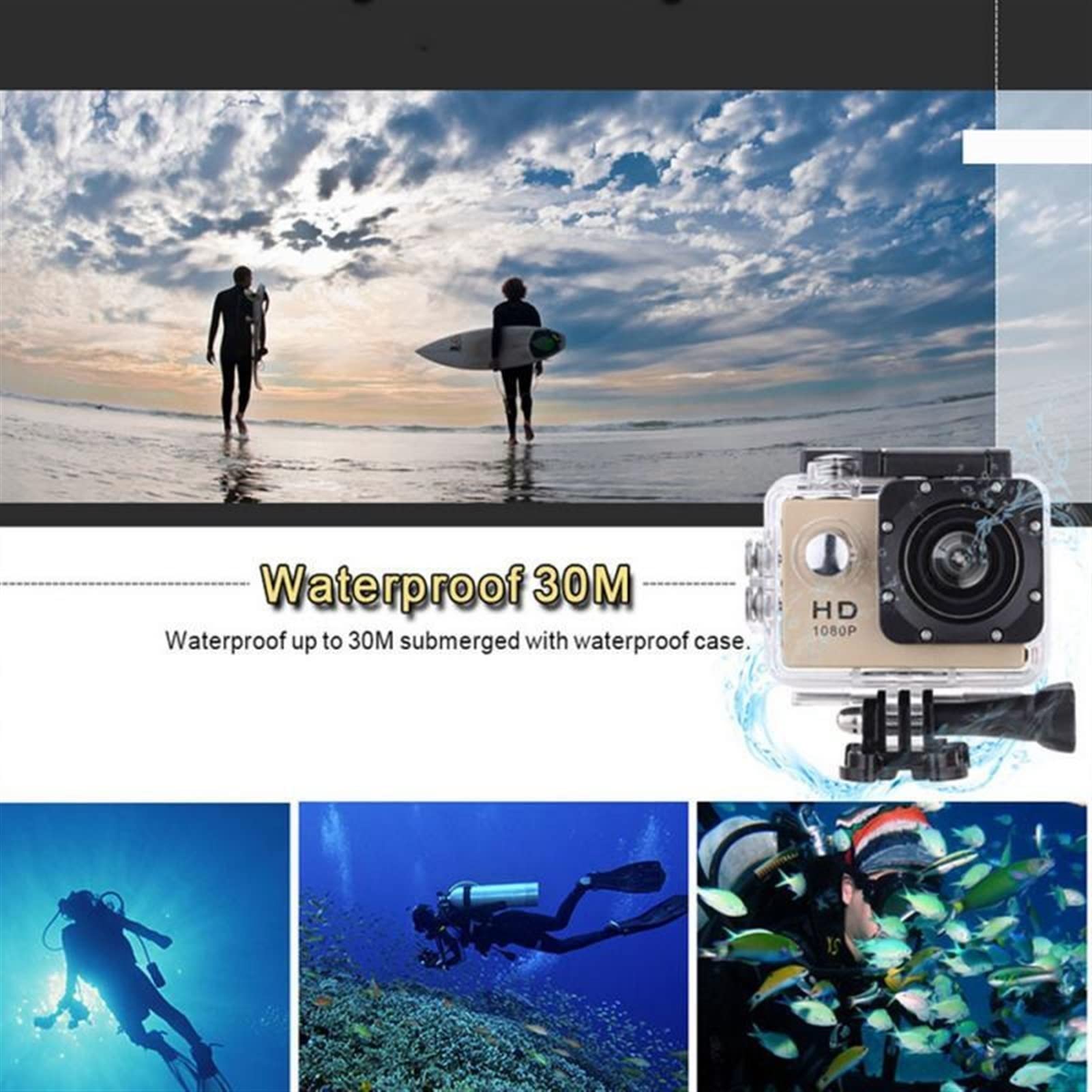 Go pro HD 1080p 32 GB. Fotocamera d'azione all'aperto, telecamera videocamera mini fotocamera impermeabile subacquea, fotocamera grandangolare da 140 gradi (Color : 02, Size : M)