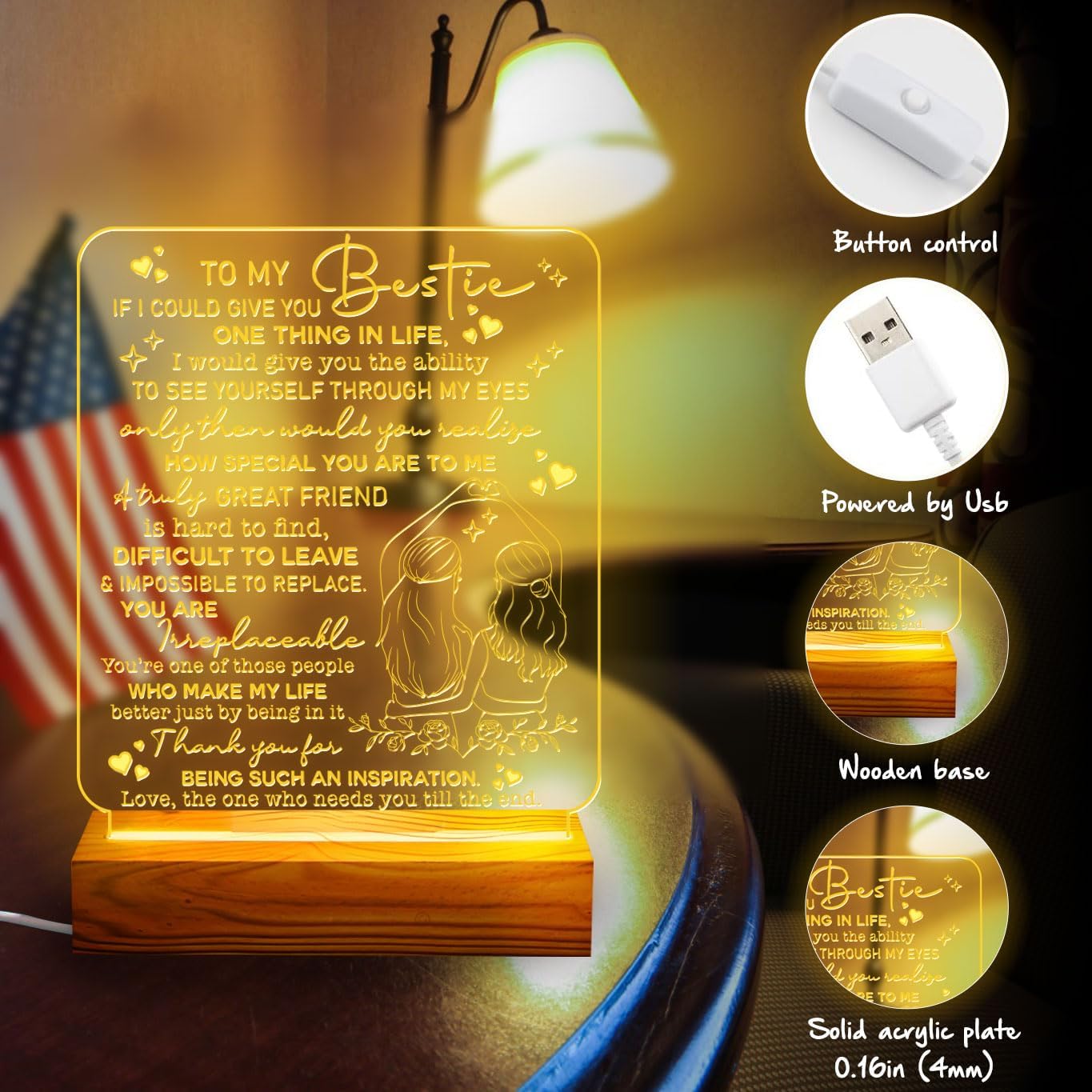 Bestie Gifts Heartfelt LED Night Light for Best Friend - Bestie Birthday Gifts - USB Powered Lamp with Pinky Promise Design and Touching Message - Wooden Base - Perfect Friendship Gift for Home Decor - Image 4