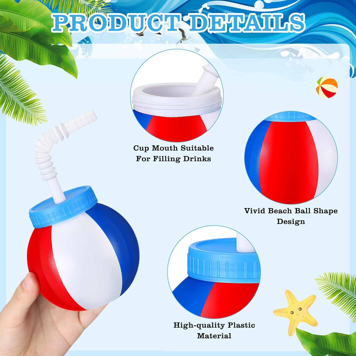 Skyley 12 Pcs 14 oz Summer Beach Ball Cups with Straws and Lids Plastic Sipper Reusable Summer Pool Drinking Cups for Birthday Beach Birthday Theme Party Supplies