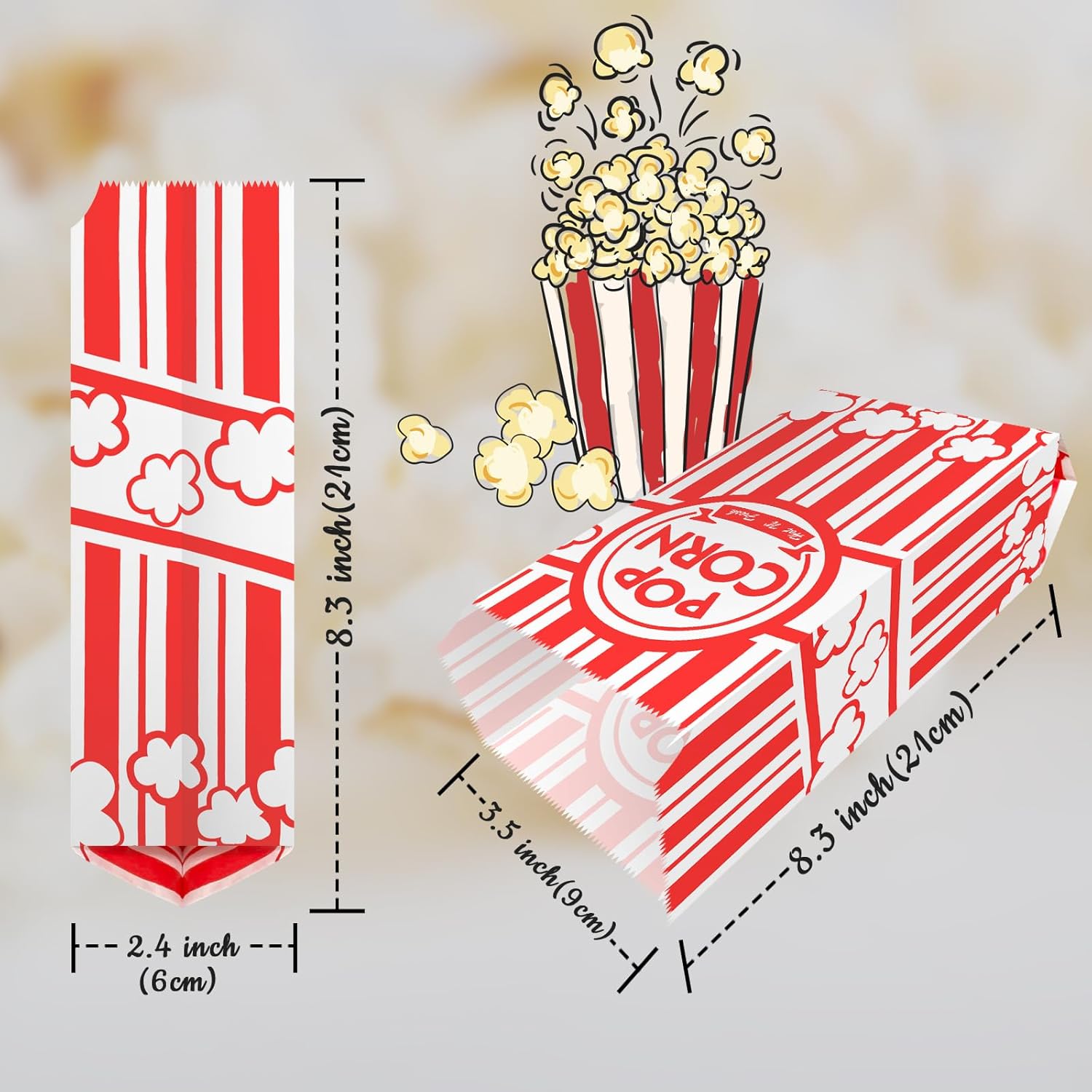 200 Pcs Red Paper Popcorn Bags, Reusable, Leak-Proof, Lightweight, Fold Top Closure, Movie Theater Style, Perfect for Cinema, Home, Parties