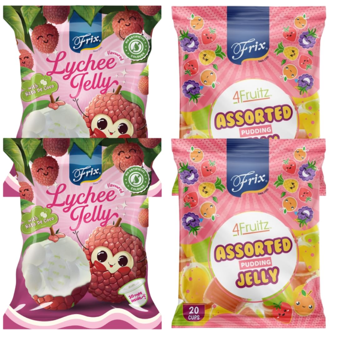 Frix Lychee Flavored Jelly with Nata De Coco & Pudding Jelly I Assorted Flavours - (300g x 4 Packs)