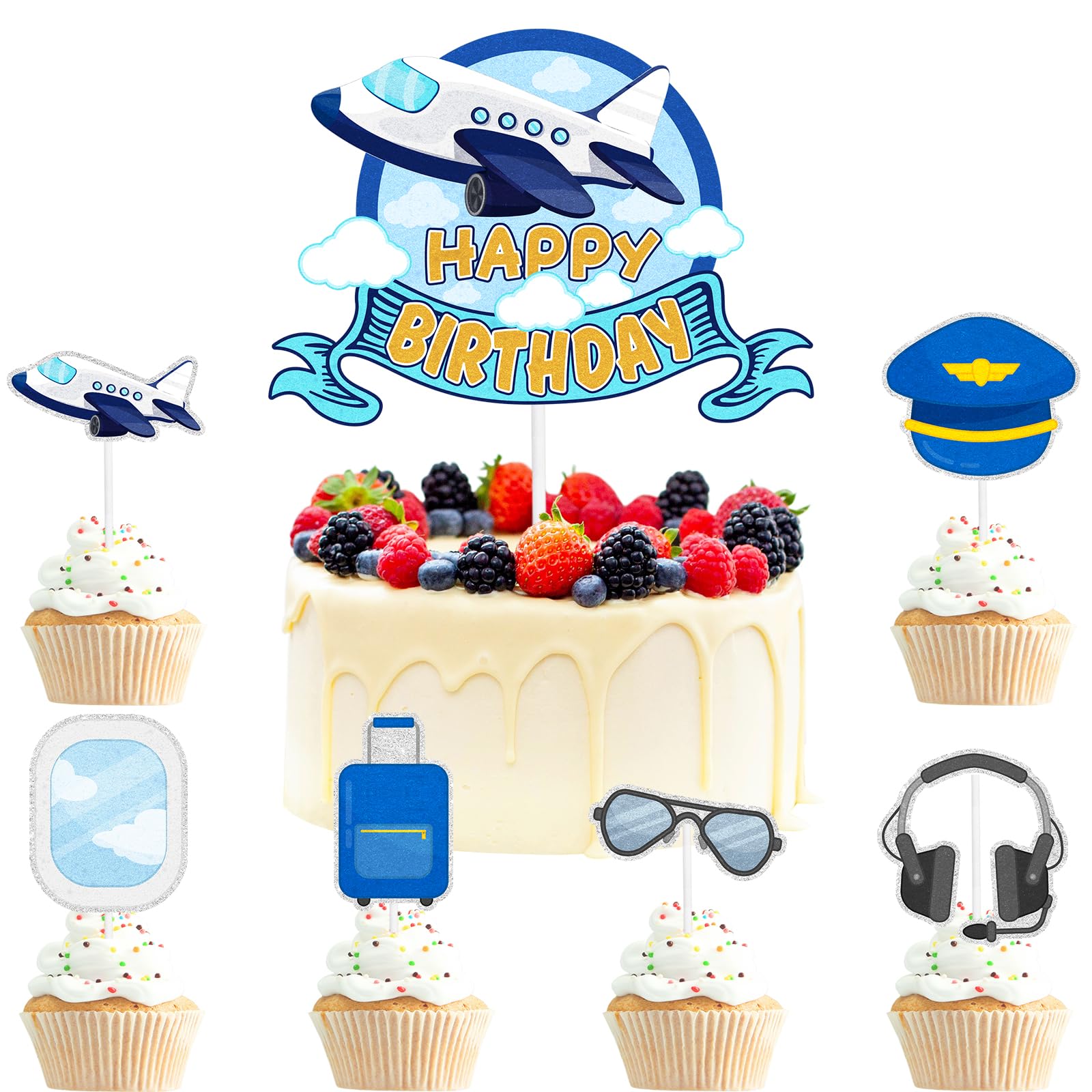 20 Bon Voyage Flugzeug-Cupcake-Topper Mit Heißluftballon Und Globus – Glitzer-Karton & Lebensmittelechte Zahnstocher – Perfekt Für Reise-Partys, Babypartys, Hochzeiten