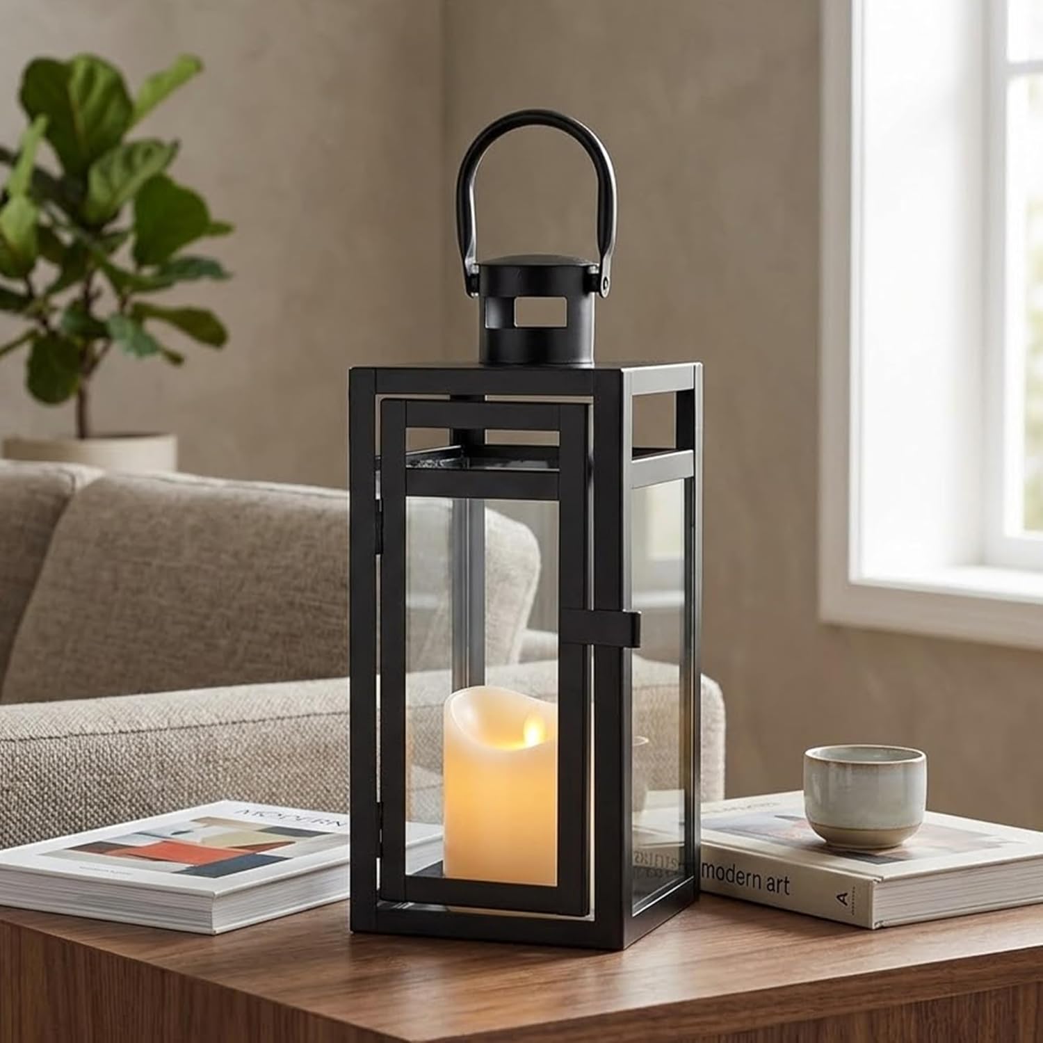 TRIROCKS Metal Candle Lantern 12'' High Decorative Outdoor Lantern Hanging Lantern with Tempered Glass for Christmas Home Decor Living Room Parties Events Tabletop Indoors Outdoors (Black Matte)