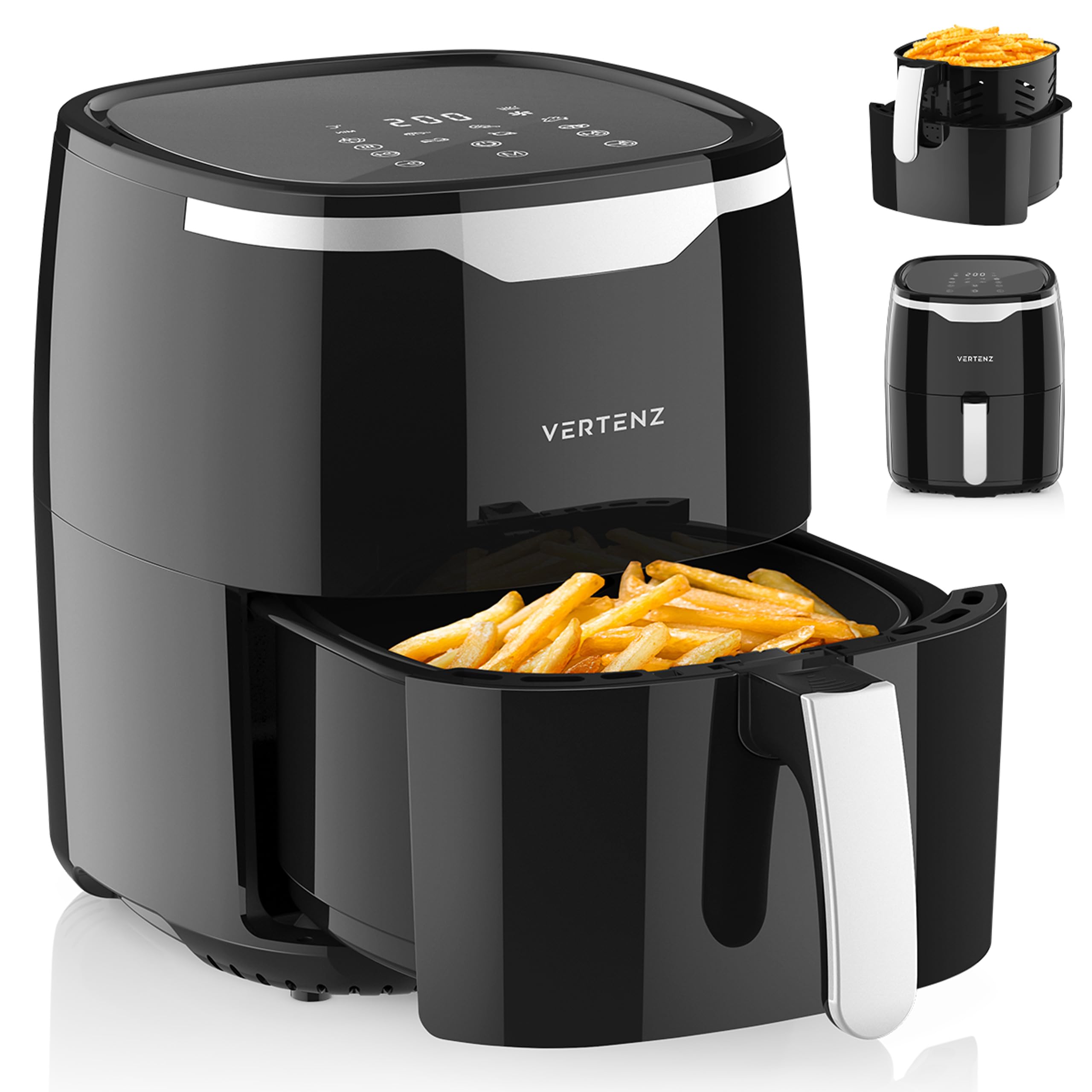 VERTENZ Taste 50 | Freidora de aire caliente compacta Airfryer XL, 5 litros de capacidad, 8 menús automáticos, 1400 W, pantalla táctil LED, cesta para freír antiincrustante, sin grasa