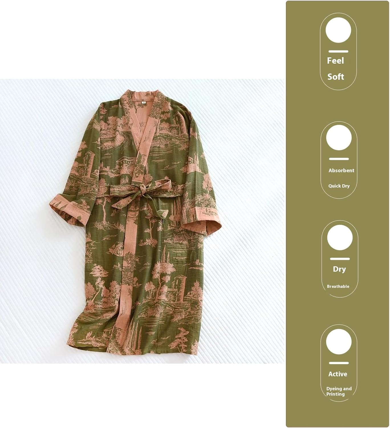 PRINCESS BRIDE Cotton Gauze Partial Lapel Traditional Pajamas Soft Nightgown Breathable Kimono Absorbent Bathrobe Spa Yukata, L, Green-pink - Image 5