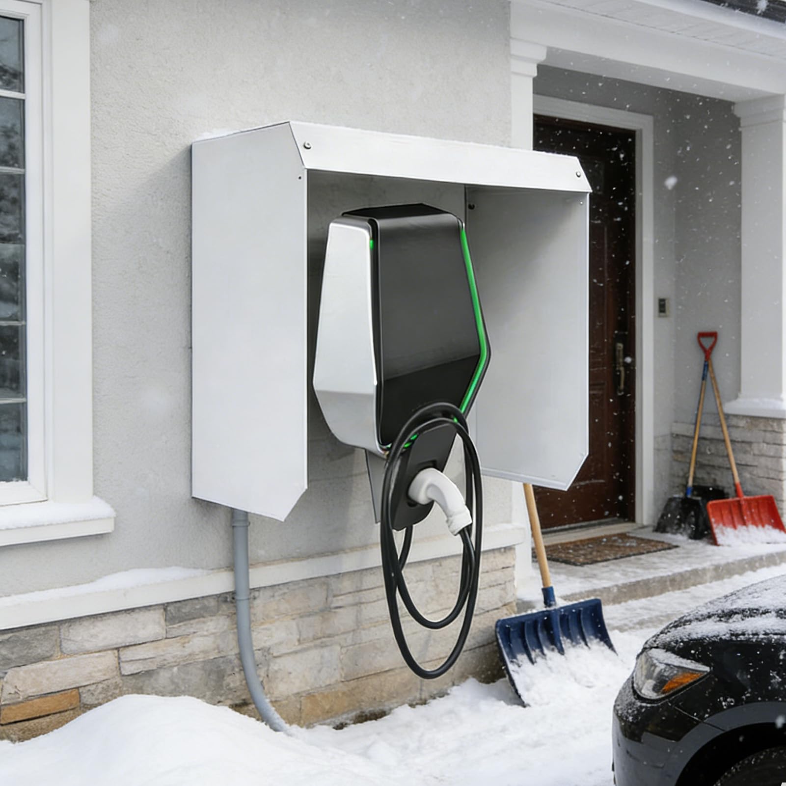 Generisch Odporny na warunki atmosferyczne uchwyt ścienny do stacji ładowania pojazdów elektrycznych, metalowy daszek ochronny do stacji ładujących, uniwersalne zabezpieczenie dostępu do gniazd