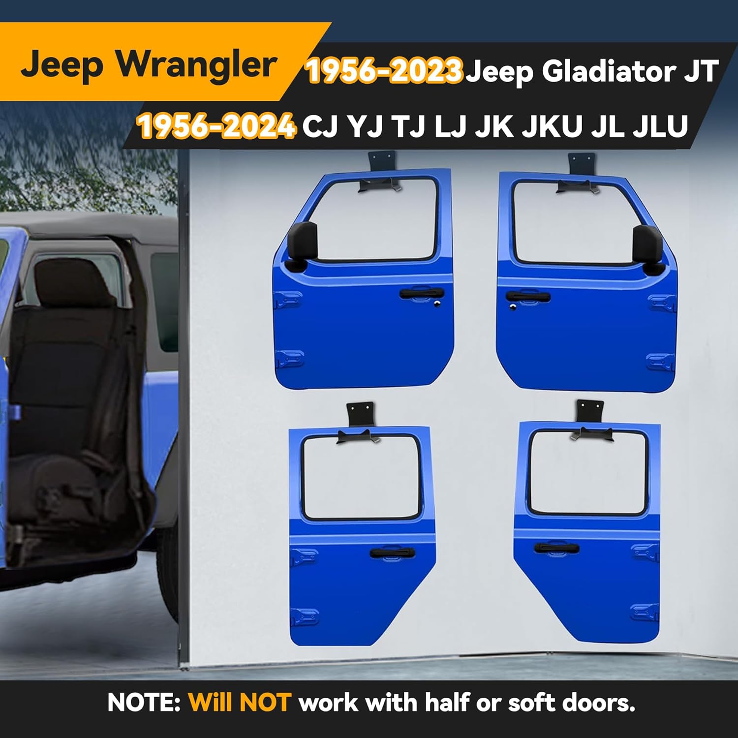 KUAFU 4Pcs Door Storage Hangers Compatible with 1956-2024 Jeep Wrangler CJ YJ TJ LJ JK JKU JL JLU Removable Wall Mount Door Holder Storage Bracket Rack Powder Coated Black Aluminum