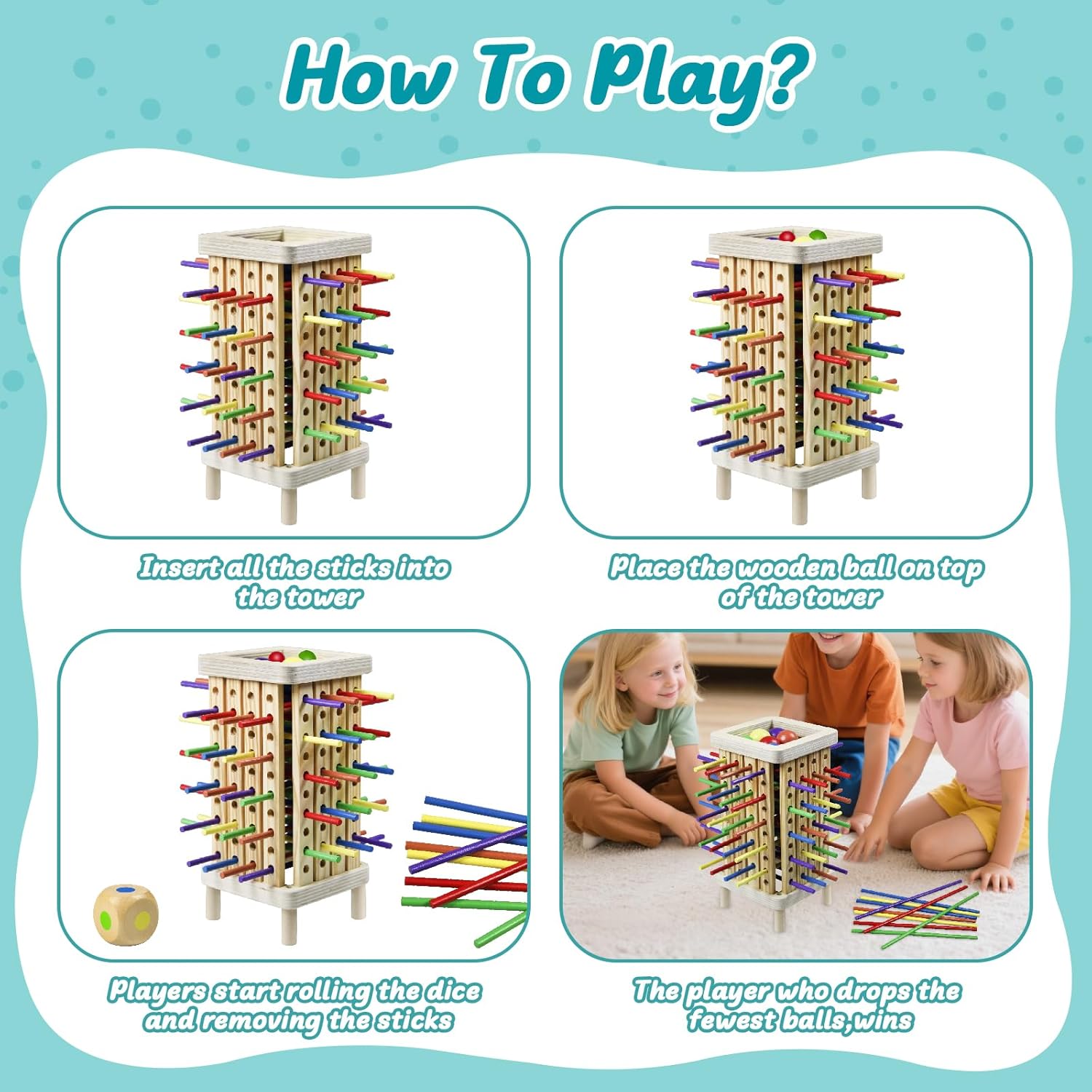 Montessori Game Wooden Board Game, 42 Colorful Wooden Sticks Dice Game Math Learning Toys for 3 4 5 6 Year Olds, Fine Motor Skill Toy for 3+ Year Olds Girls Boys,Family Game Travel Toys Gifts for Kids
