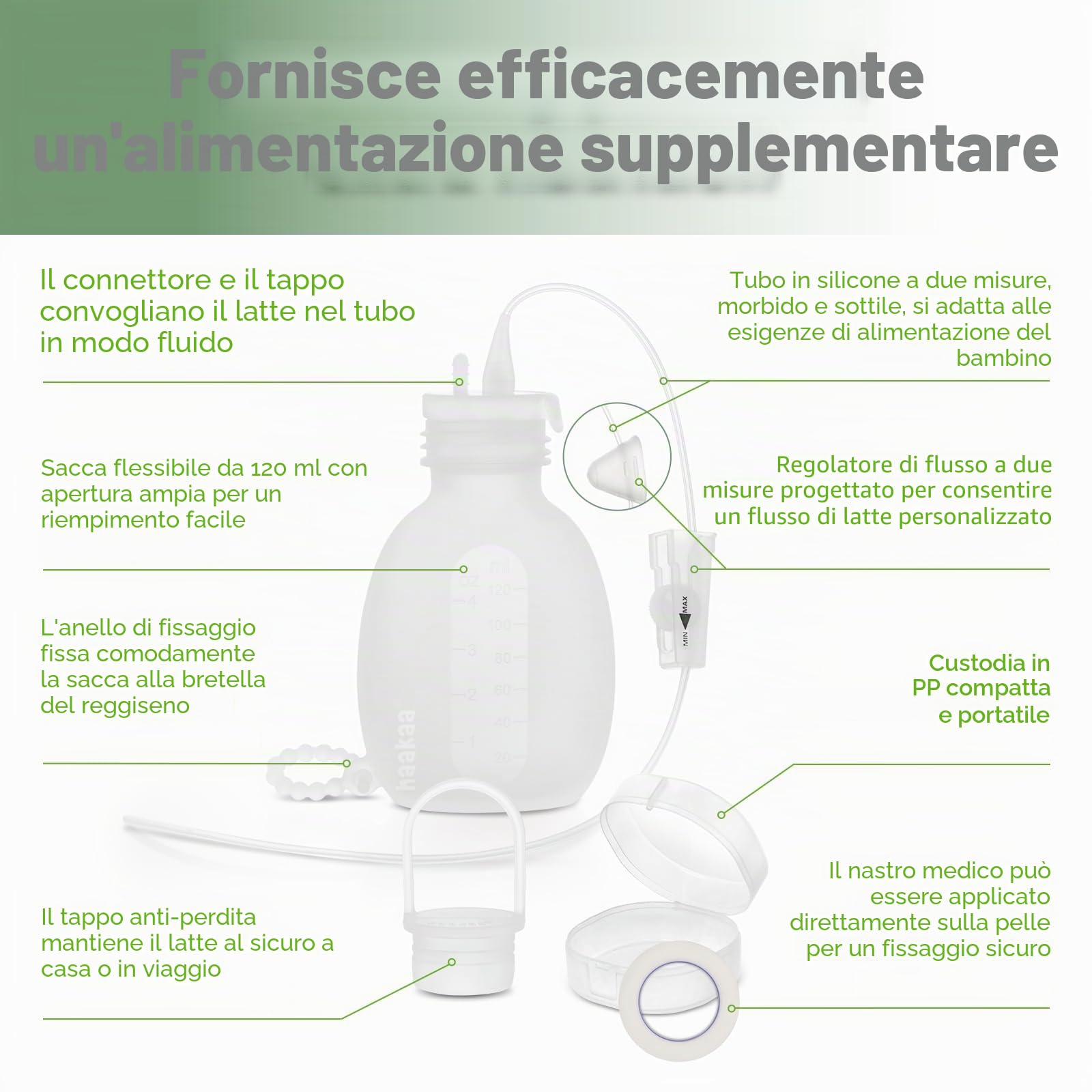 haakaa Sistema infermieristico supplementare per l'allattamento al seno, set di tubi per l'alimentazione del bambino in silicone e sacchetto, integratore al seno con controllo del flusso a doppio tubo