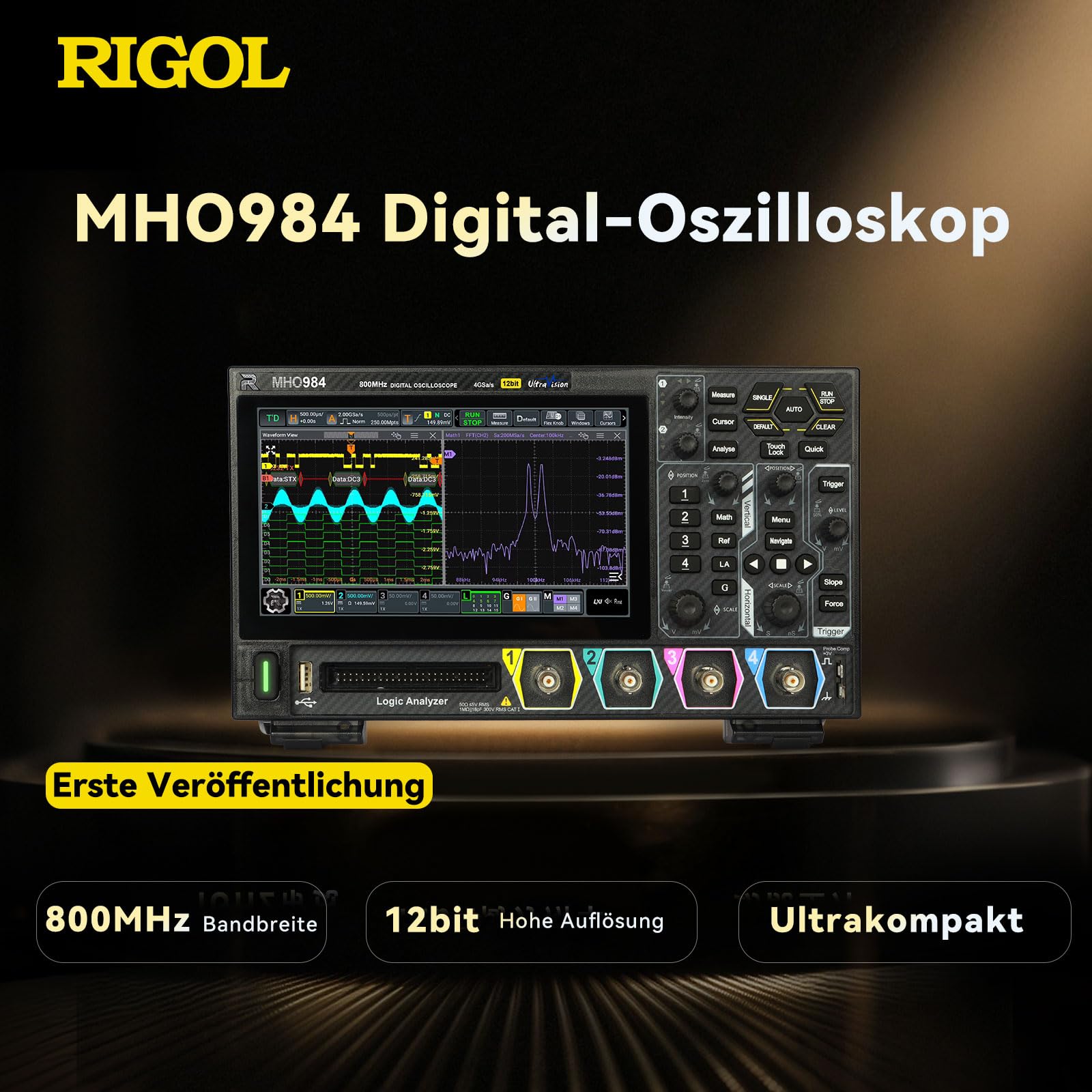 RIGOL MHO984 Digital-Oszilloskop, 800MHz, 4GSa/s, 12-Bit, 4+16 Kan, Wi-Fi & Bluetooth, Type-C Strom, Optionaler AFG, Ultrakompakt