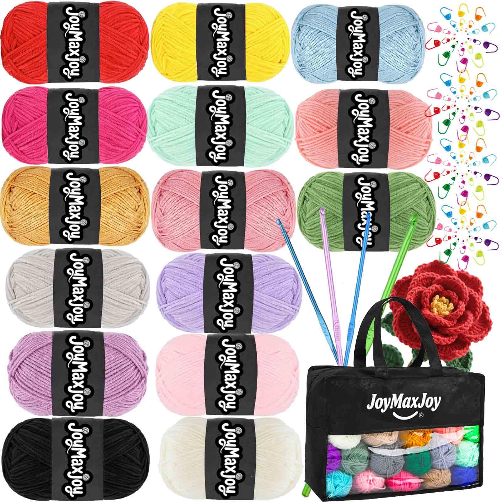 Crochet Yarn Knitting Wool 15x50g Acrylic Yarn with Aluminum Crochet Hooks Stitch Markers for Crochet Yarn Kits for Beginners Adults Wool for Crochet Knitting and Crafts (750g)