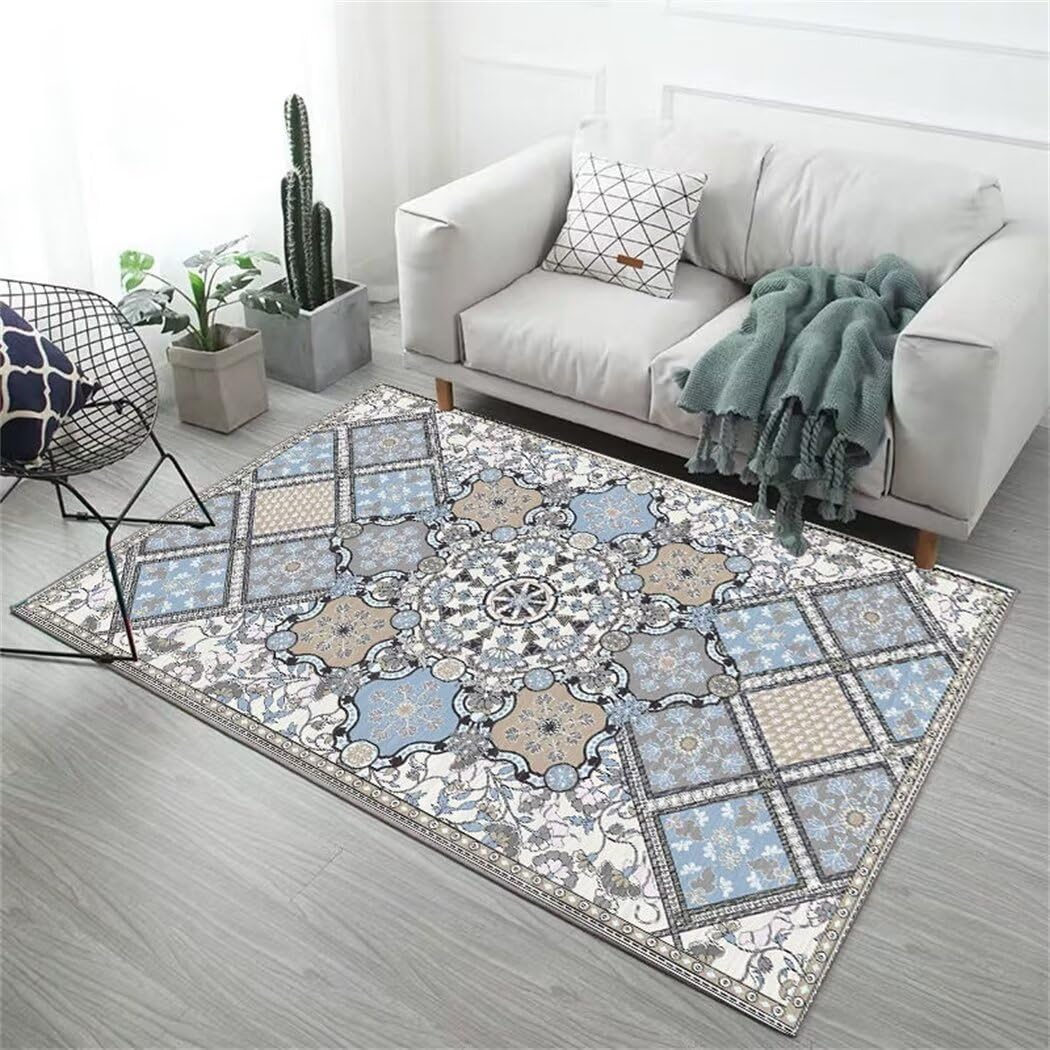 Tapis géométrique rétro gris et bleu grand format antidérapant