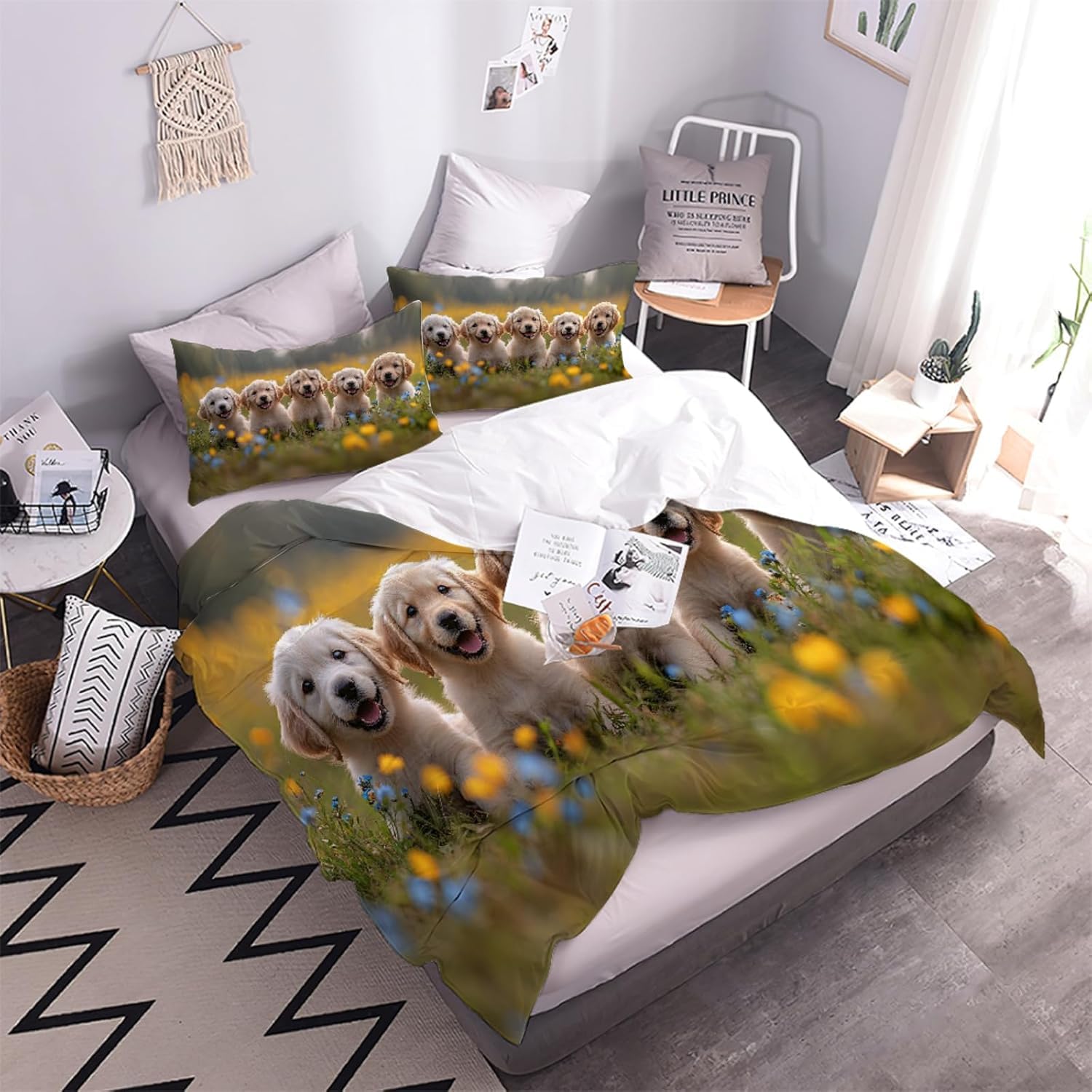 Komplet pościeli 220 x 240 cm, Golden Retriever, miękka pościel z mikrofibry, poszewka na kołdrę z nadrukiem 3D, urocze zwierzęta i zwierzęta domowe, 3-częściowy, poszwa na kołdrę z zamkiem
