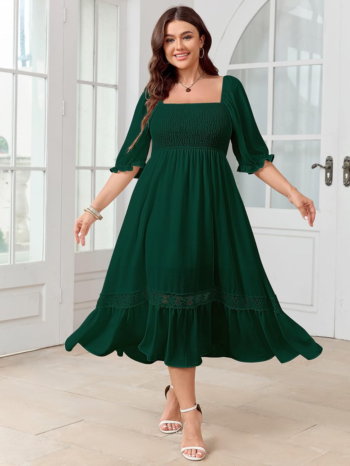 SCOMCHIC Women's Plus Size Maxi Dress Short Sleeve Square Neck Smocked Flowy A-Line Lace Trim Boho Wedding Guest Dresses - Image 5