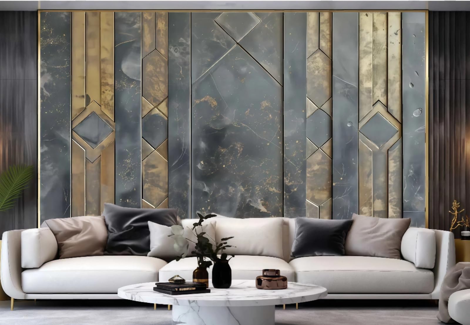 Tapeta nowoczesna minimalistyczna złota sztuka pionowe paski szary kwadratowy kolaż kamień relief malarstwo telewizor sofa tło tapeta salon restauracja kawiarnia ścienna, 3D, 250 x 175 cm