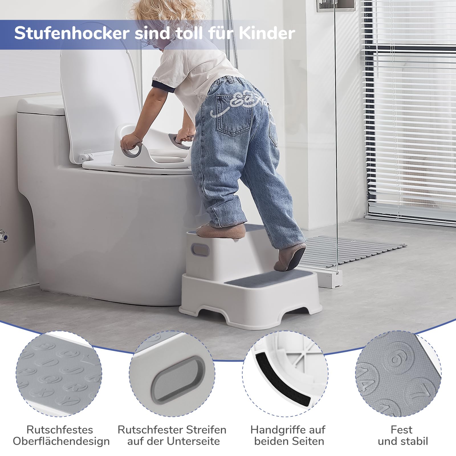 DEANIC Toilettensitz für Kinder mit Tritthocker, Toilettensitz mit Treppe und 2 Stufen Hocker, Toilettenaufsatz Klositz für ab 1-2-3-6 Jahre, 2 Kissen 1 Bürste (Grau)