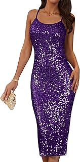 Womens Sequin Sparkly Dresses Formal Spaghetti Strap Midi Bodycon Dress Glitter Backless Wedding Cami Dress Slit - Buy now