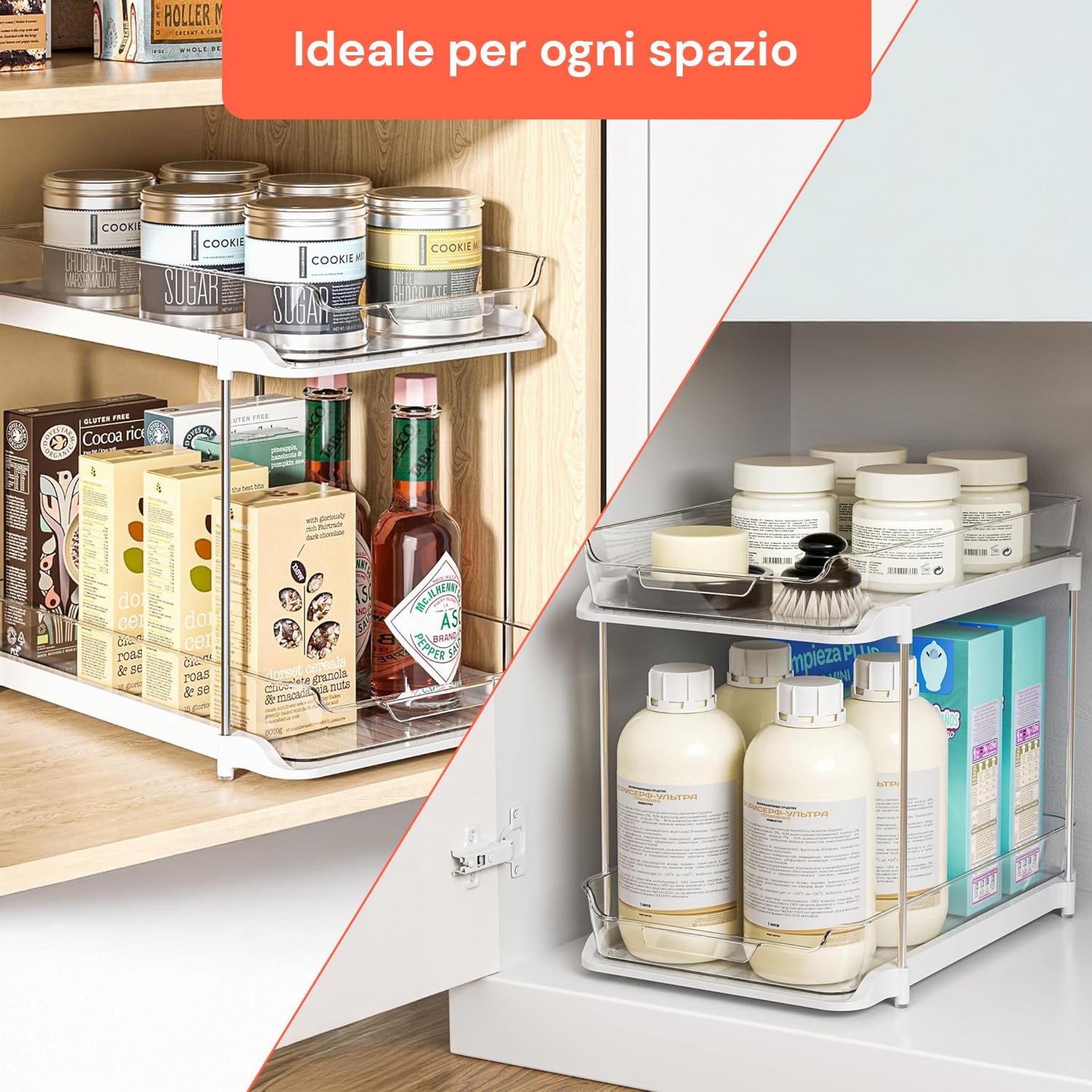 Avilia Set 2 Organizer Cucina e Bagno con Cassetti Estraibili - Scaffale Salvaspazio Impilabile a 2 Livelli - Organizer Sottolavello per Detersivi, Spezie e Cosmetici - Facile Montaggio - Bianco
