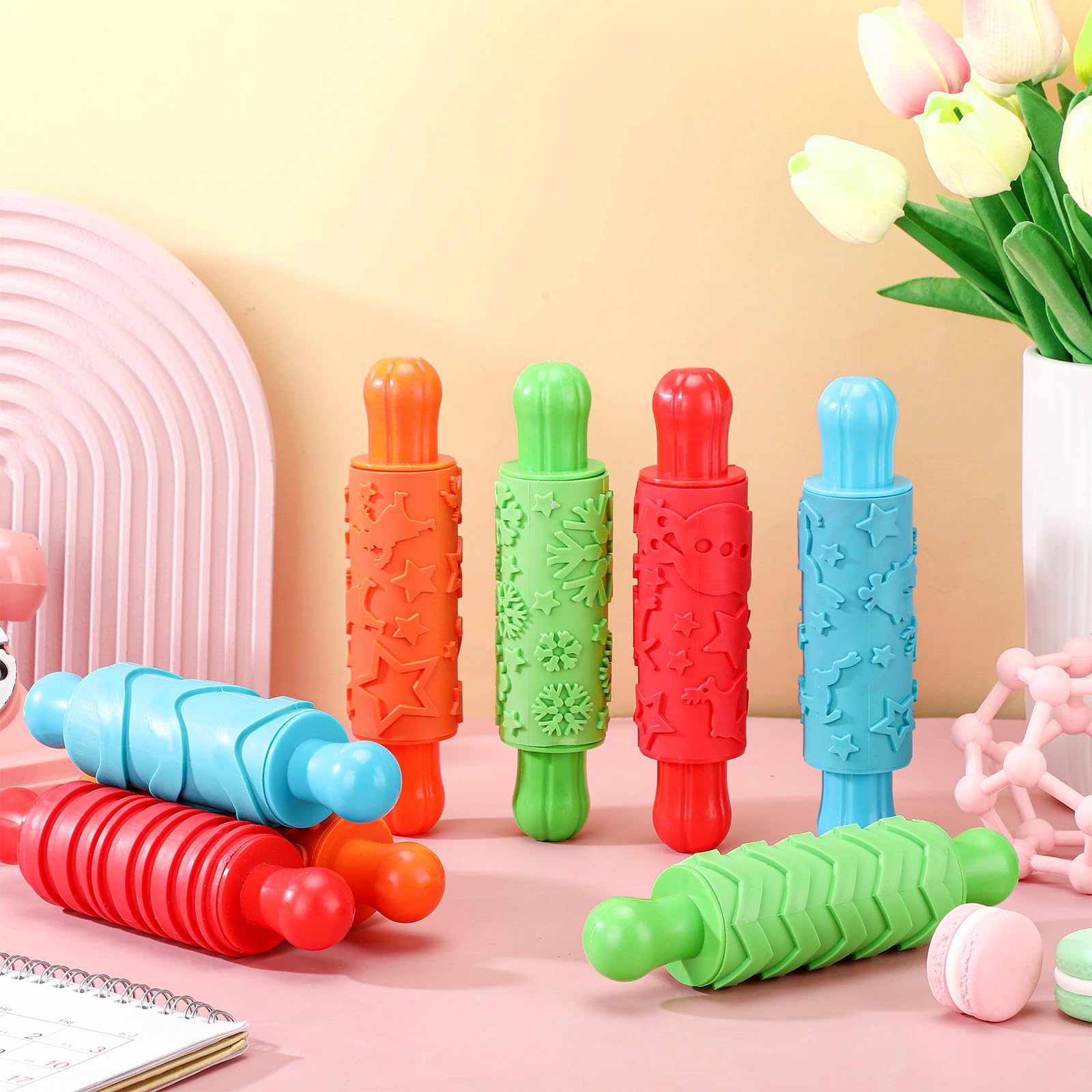 Aoriher 8 rulli in argilla con manici in plastica, rulli testurizzati per pittura e impasto, per bambini, strumenti artistici fai da te per cartelli, poster, impasti e creazioni artigianali
