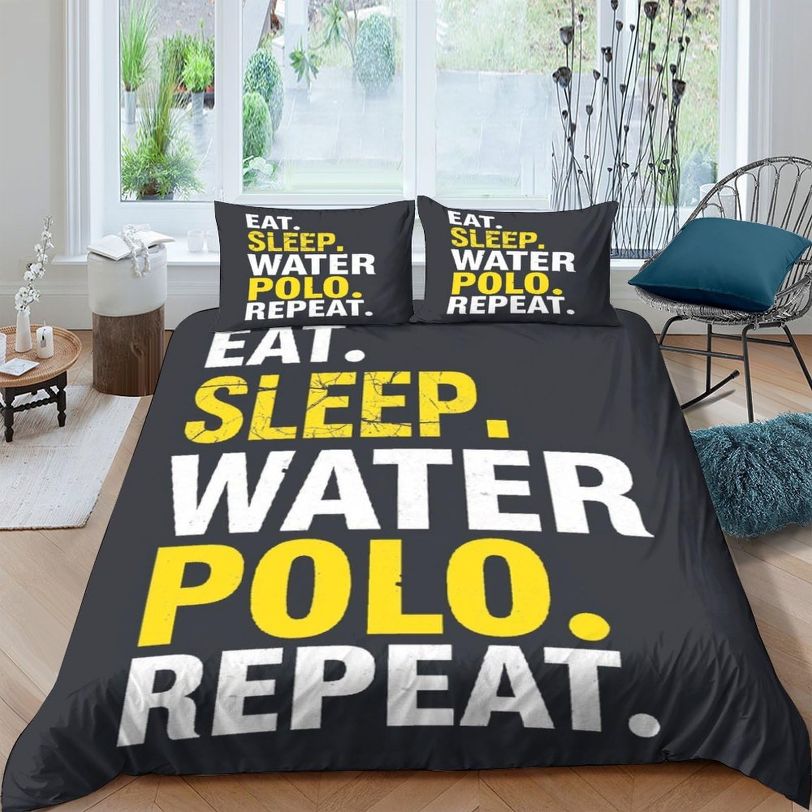 Ctjqhvkz Style-6 3D Printed Water Polo Sport Theme Fitted Sheet Microfiber Black Yellow Eat Sleep Repeat Mattress Cover For Bedroom Dorm Decor Single（135X200cm）
