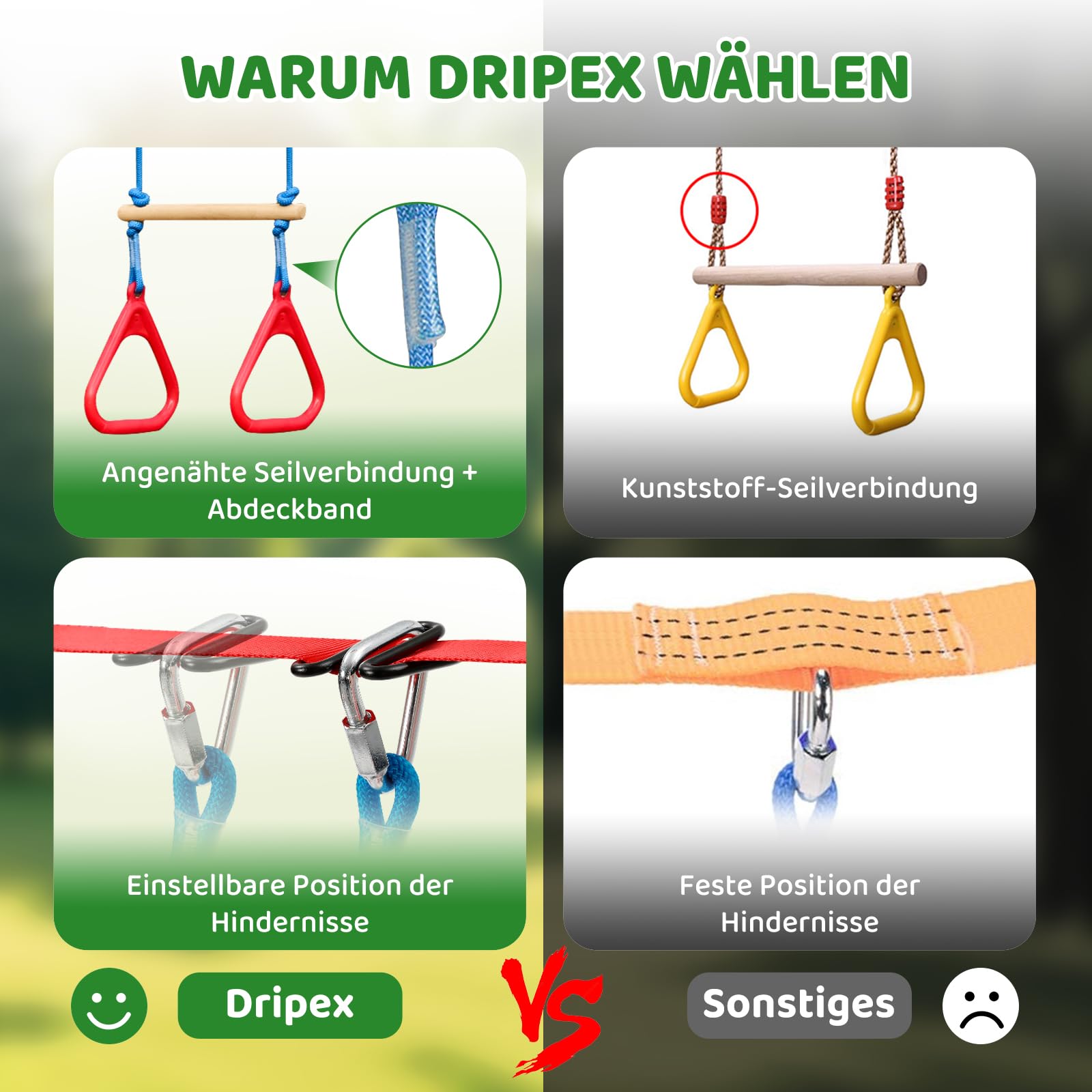 Dripex Slackline, Ninja Slackline Kinder 2×15m und Ninja Warrior Hindernisparcours Garten im Freien,Ninja Parcours Kinder mit Schaukel, Kletterleiter, Kletternetz und Baumschutz, geeignet für Anfänger