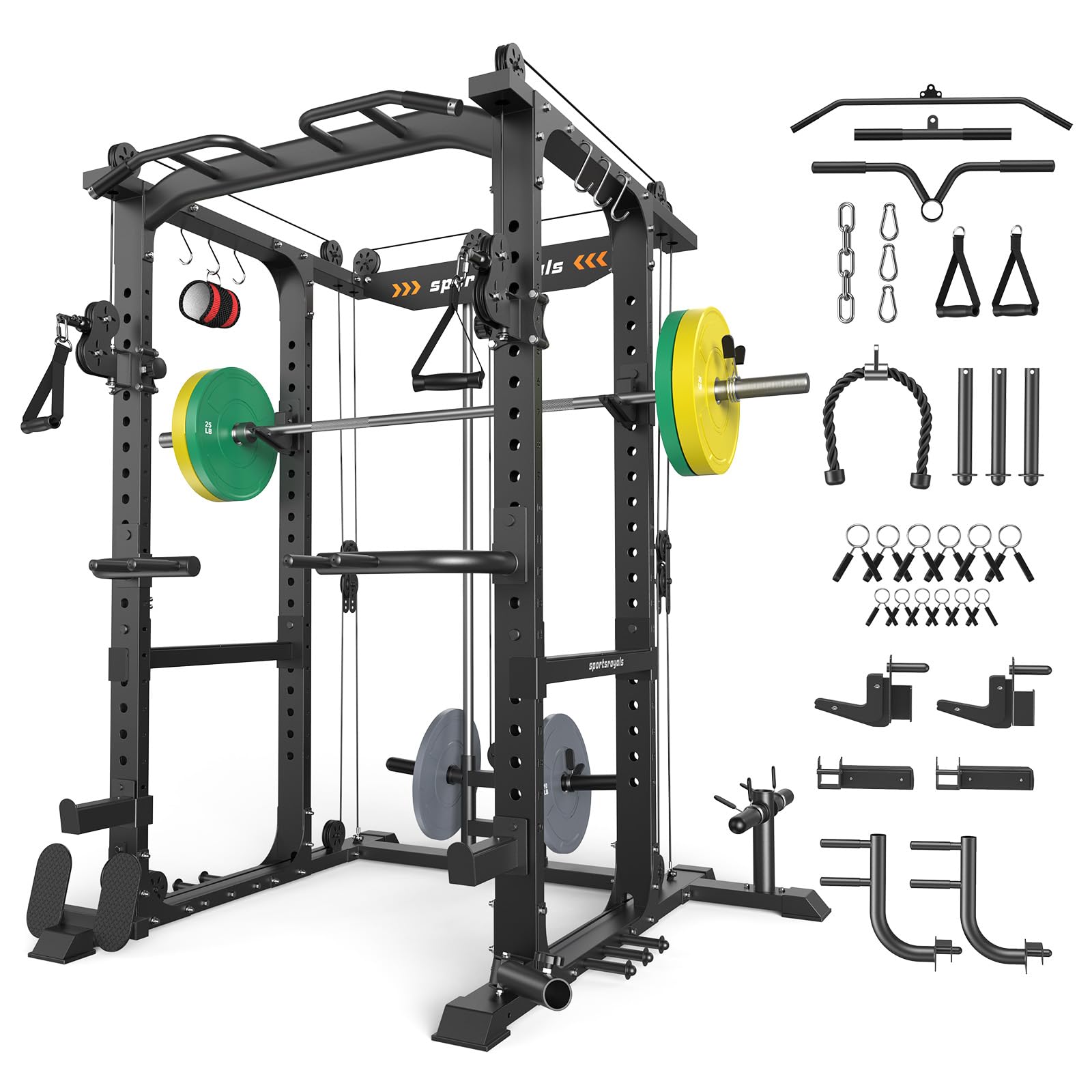 SPORTSROYALS Power Rack, Multi-Functional Power Cage, Squat Rack with Pulley System &amp; LAT Pull Down, Workout Cage with J Hooks for Home Gym