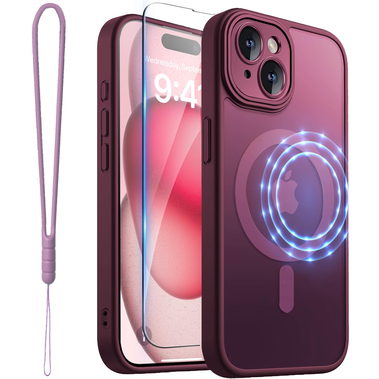 ROYBENS for iPhone 15 Matte Clear Case Compatible with Magsafe, Full Camera Lens Protection, Screen Protector, Wrist Strap, Translucent Magnetic Slim