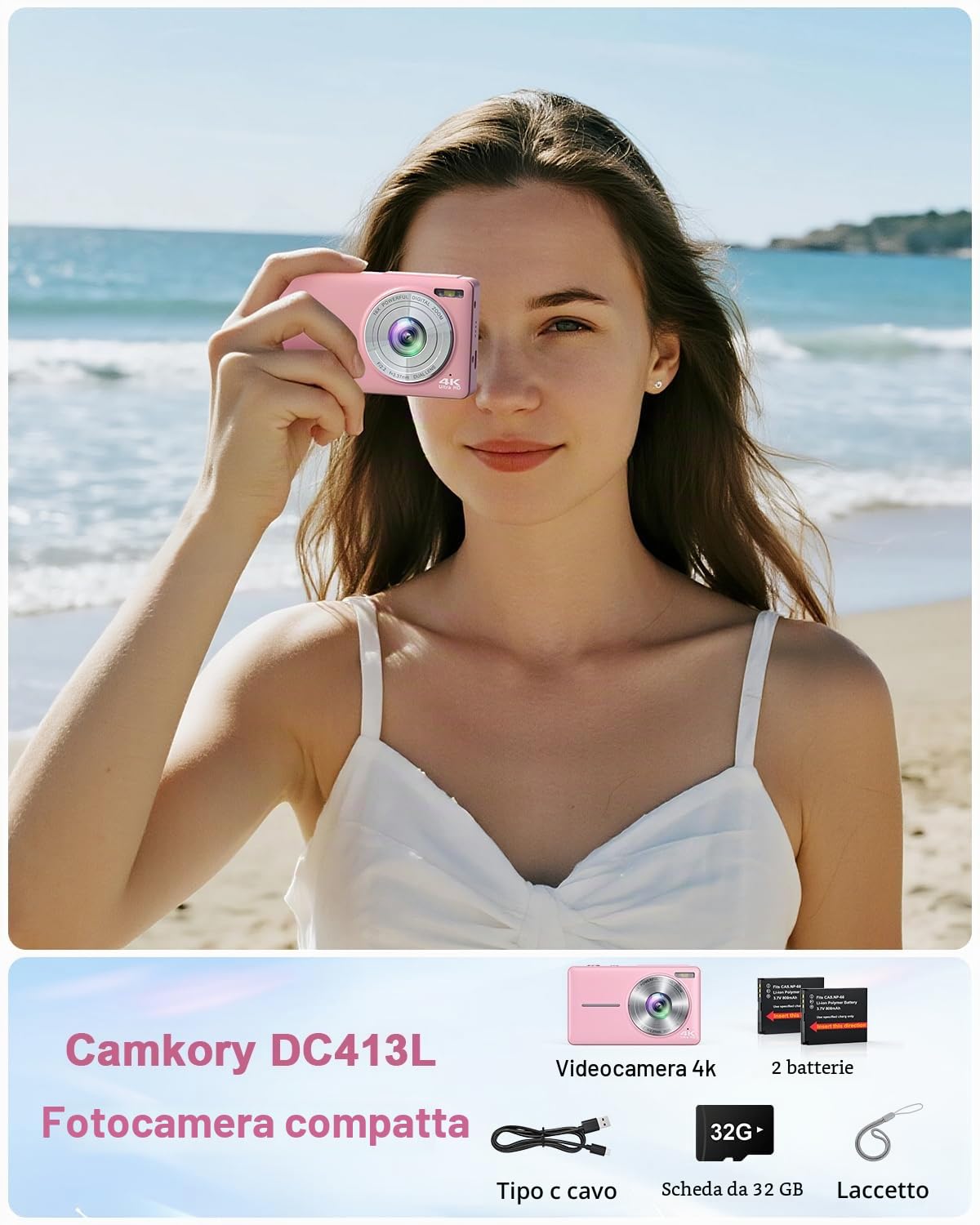 Fotocamera digitale 4K 64MP, Macchina Fotografica Digitale doppia fotocamera con autofocus, flash, zoom 16X, scheda da 32 GB, fotocamera per bambini, adolescenti, e principianti - rosa