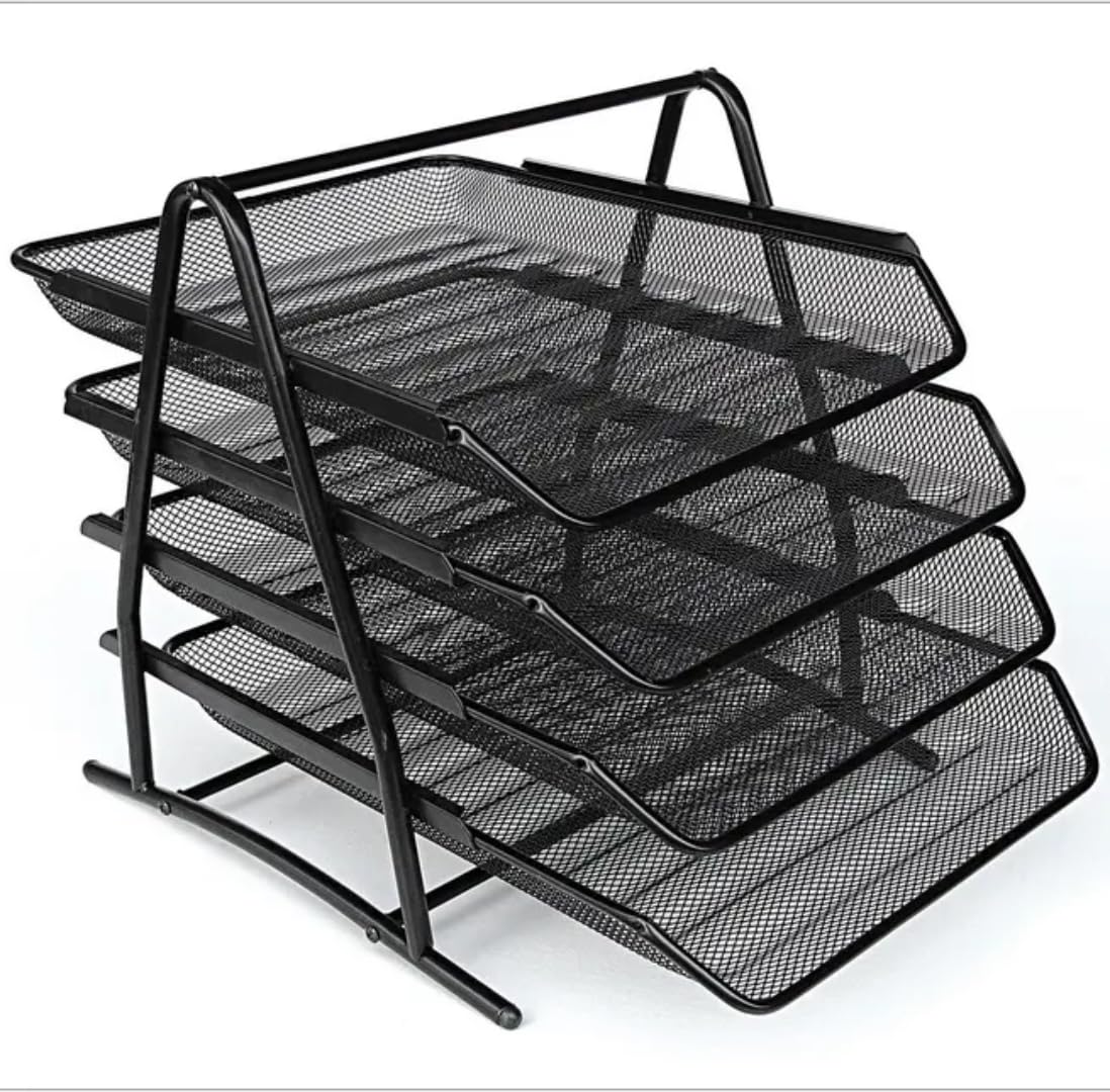 4 Tier Document, File, Paper, Letter, Office, Desktop Tray Organizer 4 Desk File Tray, 4 Tier Metal Mesh A4 Files Documents Papers Folders Holder Desk Organizer (Black, Sliding Shelf)-image-8