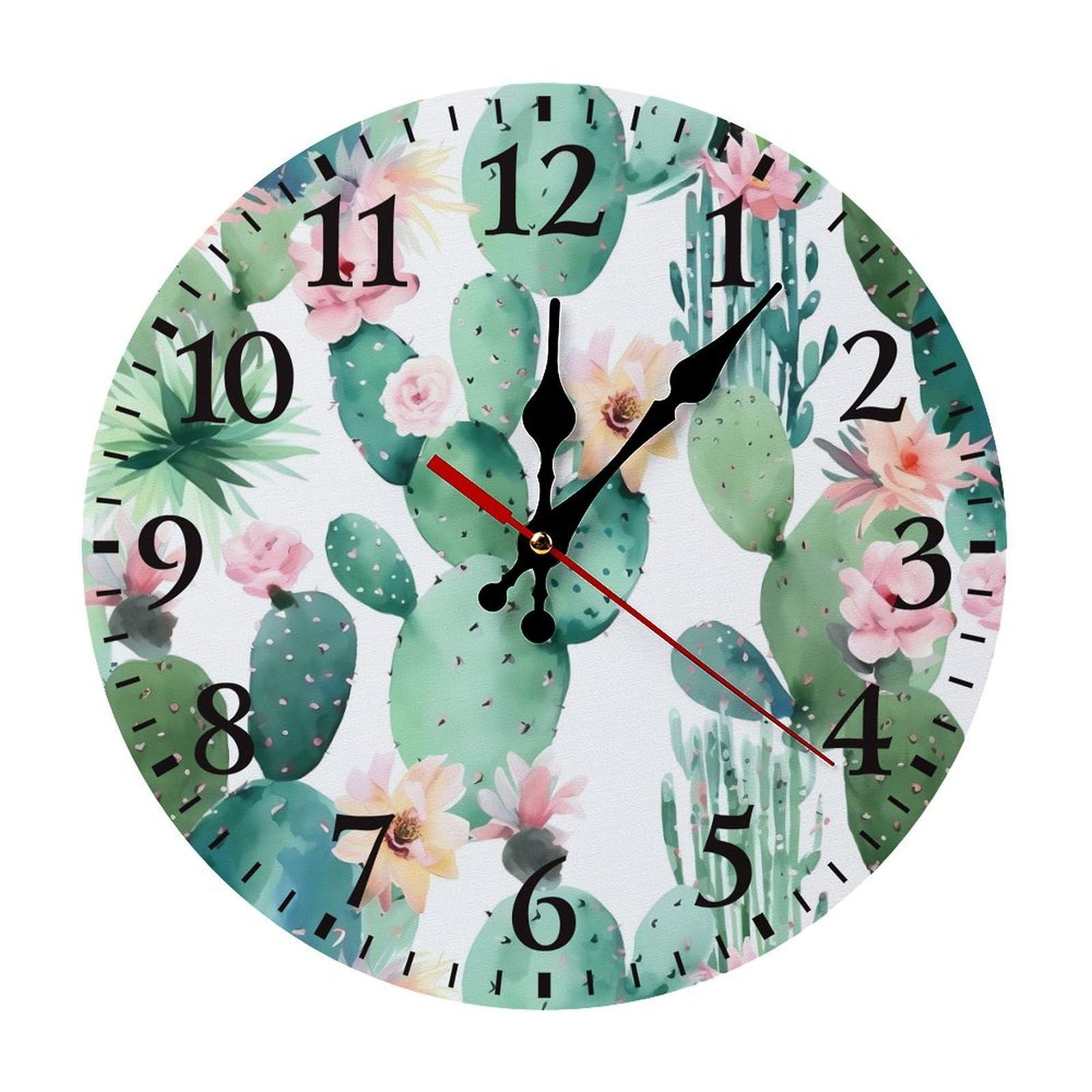 NTVOWPZO 10 Inch Wall Clock Cactus Pattern Battery Operated Wall Clocks Silent Non-Ticking Round Wall Clock for Living Room Kitchen Home Office Wall Decorative Clock