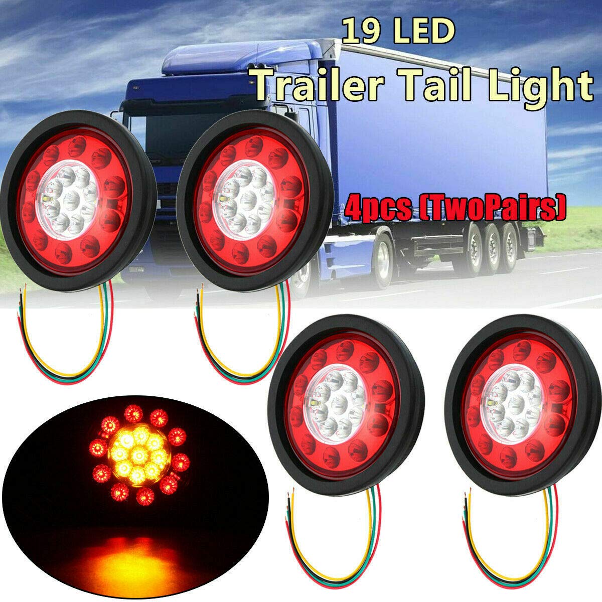 Okrągłe światło hamowania LED, 4 x 4,37 cala 19 LED czarne gumowe światło hamowania tylne kierunkowskazy kierunkowskazu lampa sygnałowa hamulca pasuje do samochodu ciężarowego (kolor żółty LED)