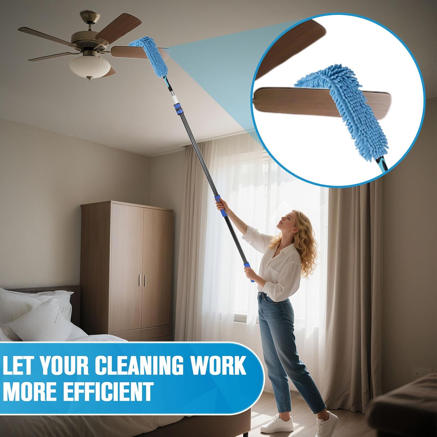 Cobweb Duster with Extension Pole, 20Ft Ceiling Fan Cleaner Duster, High Ceiling Duster Kit with 5-12Ft Telescoping Extension Pole, Long Handle Duster for High Ceilings, Window Washer Kit