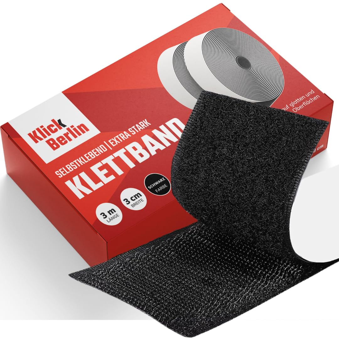 Klick Berlin Klettband Selbstklebend Extra Stark 3 cm X 3 m | Klett klebt auf vielen Flächen | Klettverschluss | 30mm breit, 3 Meter lang | schwarz