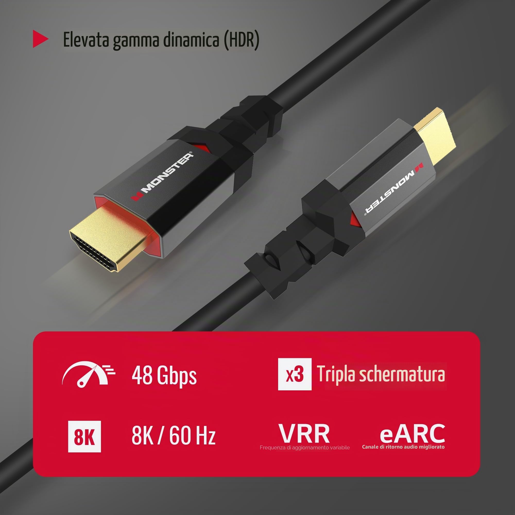 Monster Cavo HDMI 2.1 da Gioco, UHD 8K-60 HZ, 4K-144Hz, 48 Gbps, 1,80 m - Compatibile Con PS5, PS4, Xbox X, Xbox One