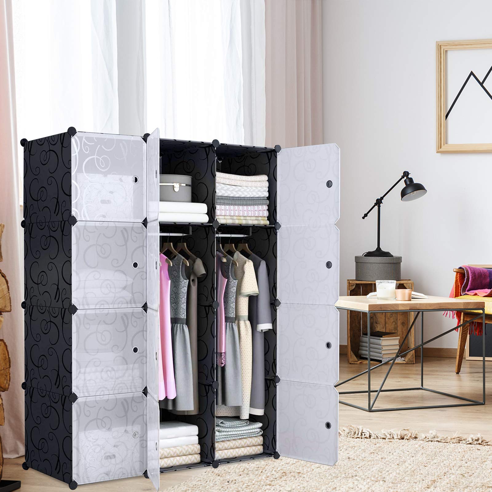 Kleiderschrank, Wardrobe aus Kunststoff, DIY Garderobenschrank 12 Würfel, Regalsystem Schlafzimmerschrank – Schwarz, 105 x 35 x 140 cm