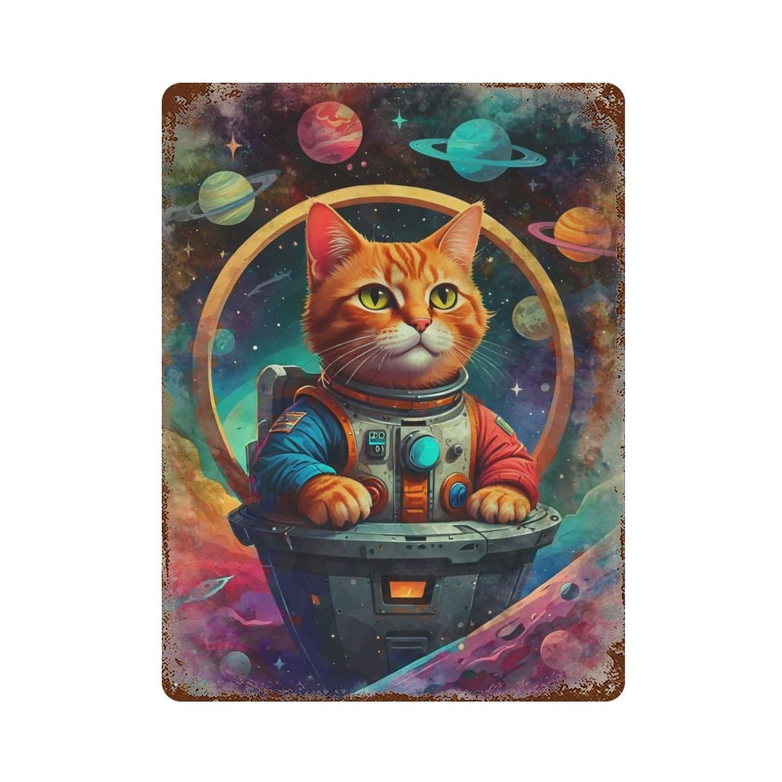Space Cat Astronaut 15.7"x11.8" Rusty Metal Tin Sign, Shabby Chic Decor for Bistro, Counter And Cafe Decor