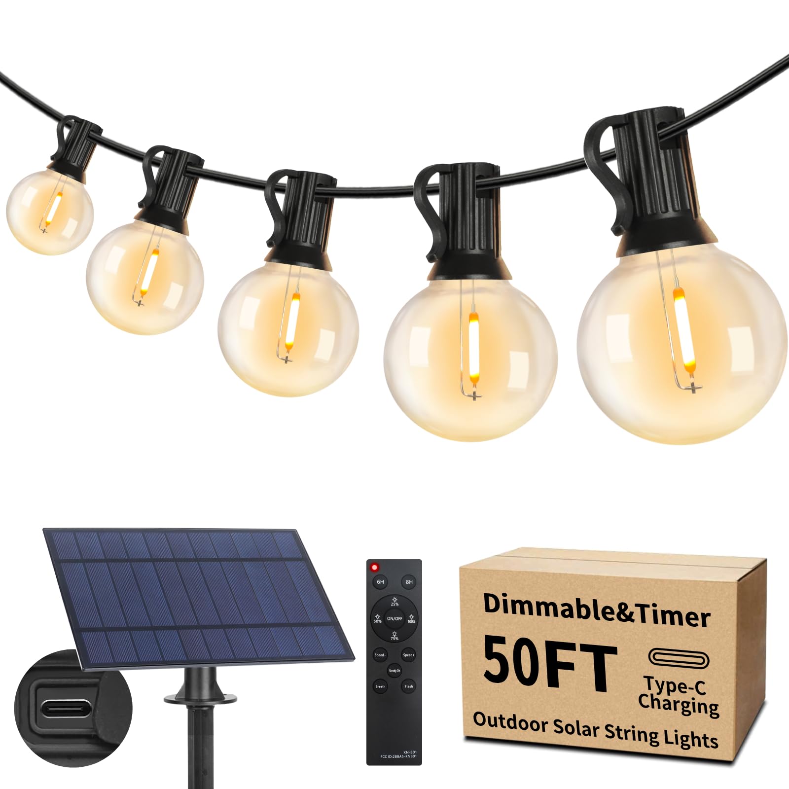 50FT Solar Outdoor String Lights, Waterproof Remote Control Outside Patio String Lights with 26 Shatterproof G40 Edison Globe Bulbs, Hanging Light String with 3 Lighting Modes for Backyard Party Cafe