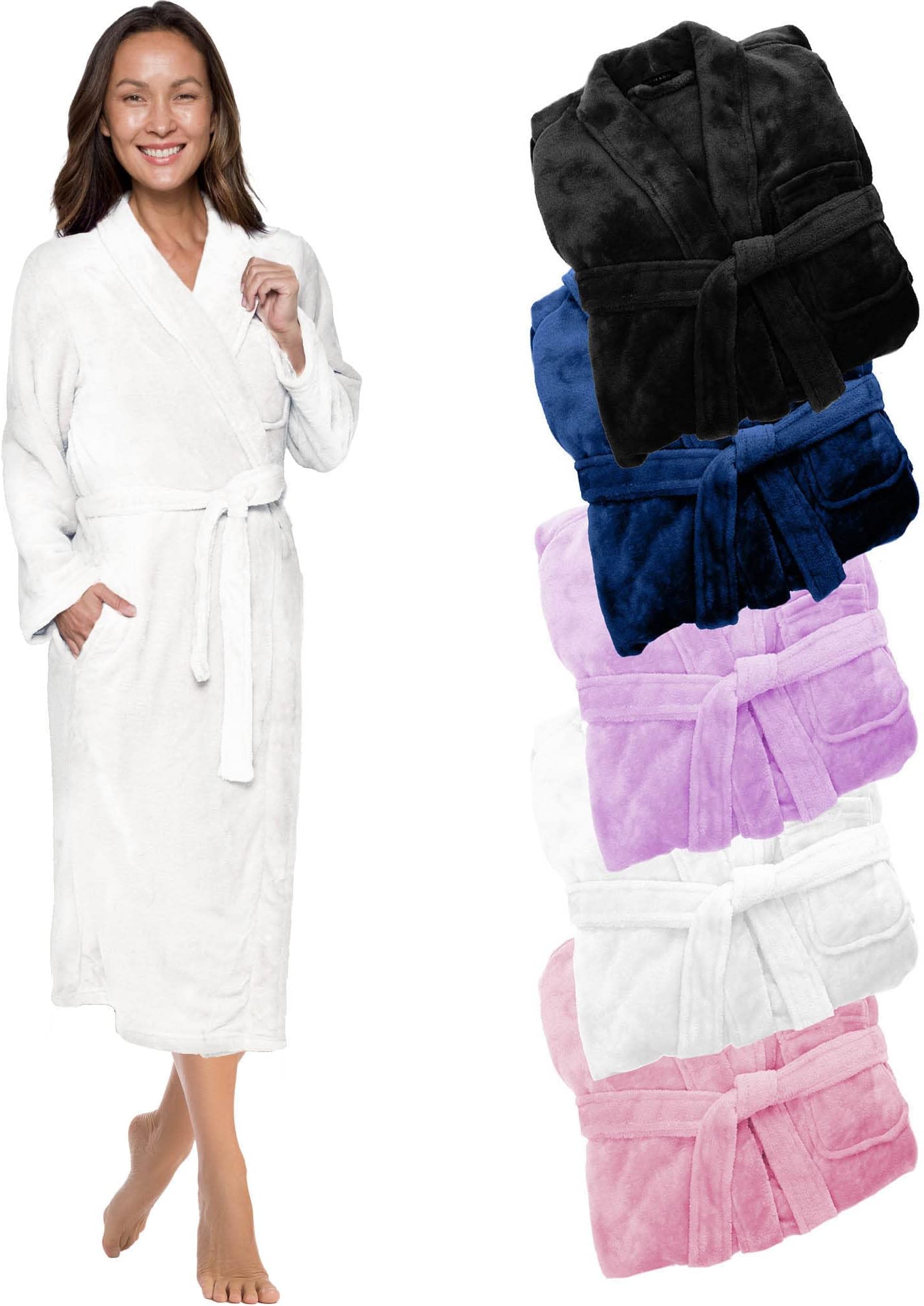 Silver LillyWomens Robe - Plush Fleece Bathrobe Mid Length Robe Shawl Collar (White, Small-Medium)
