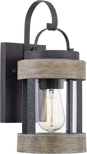 Kira Home Rochester - Aplique de pared moderno para interiores y exteriores de 13.5 pulgadas + pantalla de vidrio cilíndrico, estilo madera de roble