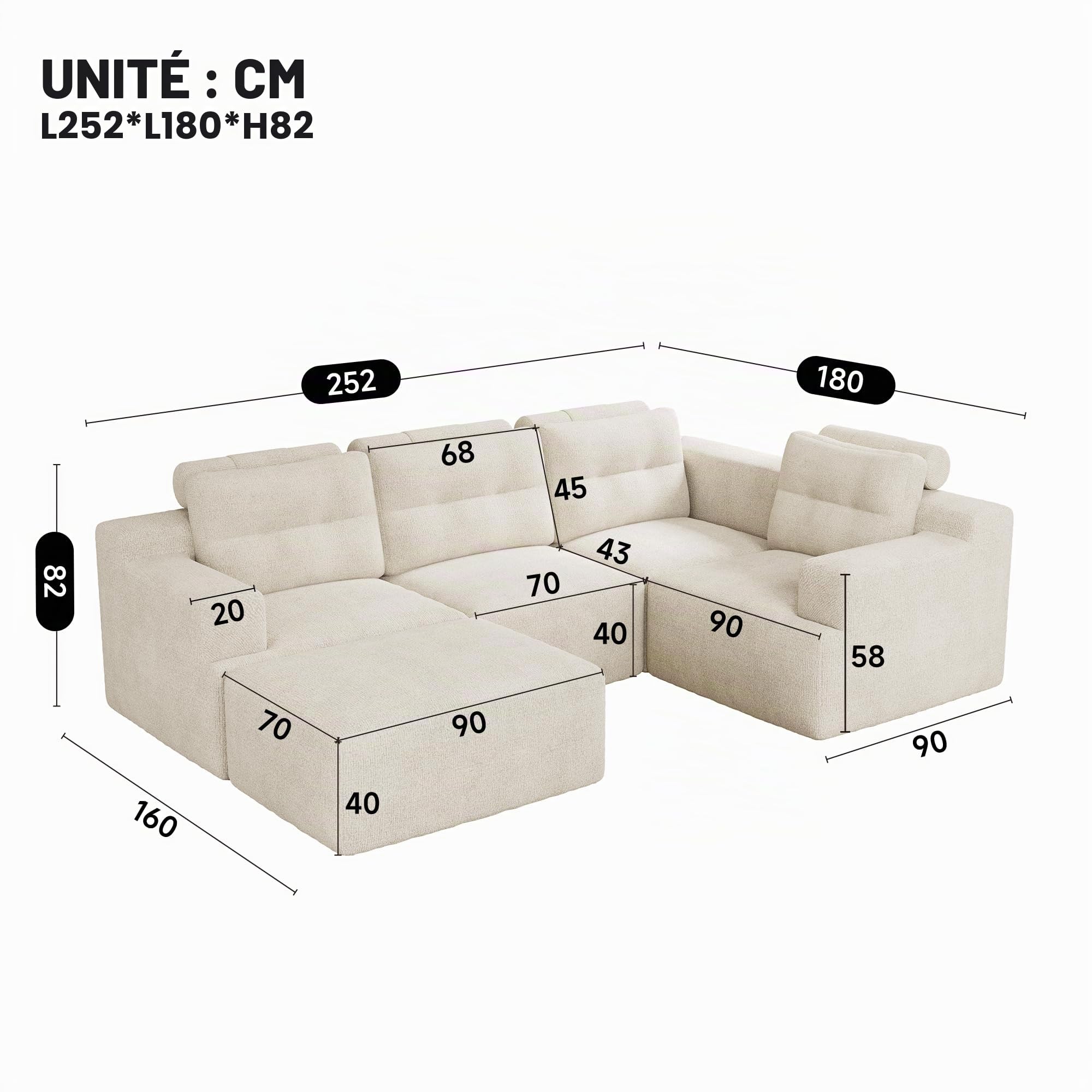 Sapgaks Canapé d'angle Convertible,configurable en Forme de L ou de U,Canapé modulable en Chenille,canapé 5 Places,Structure entièrement en Mousse sans Cadre,Beige