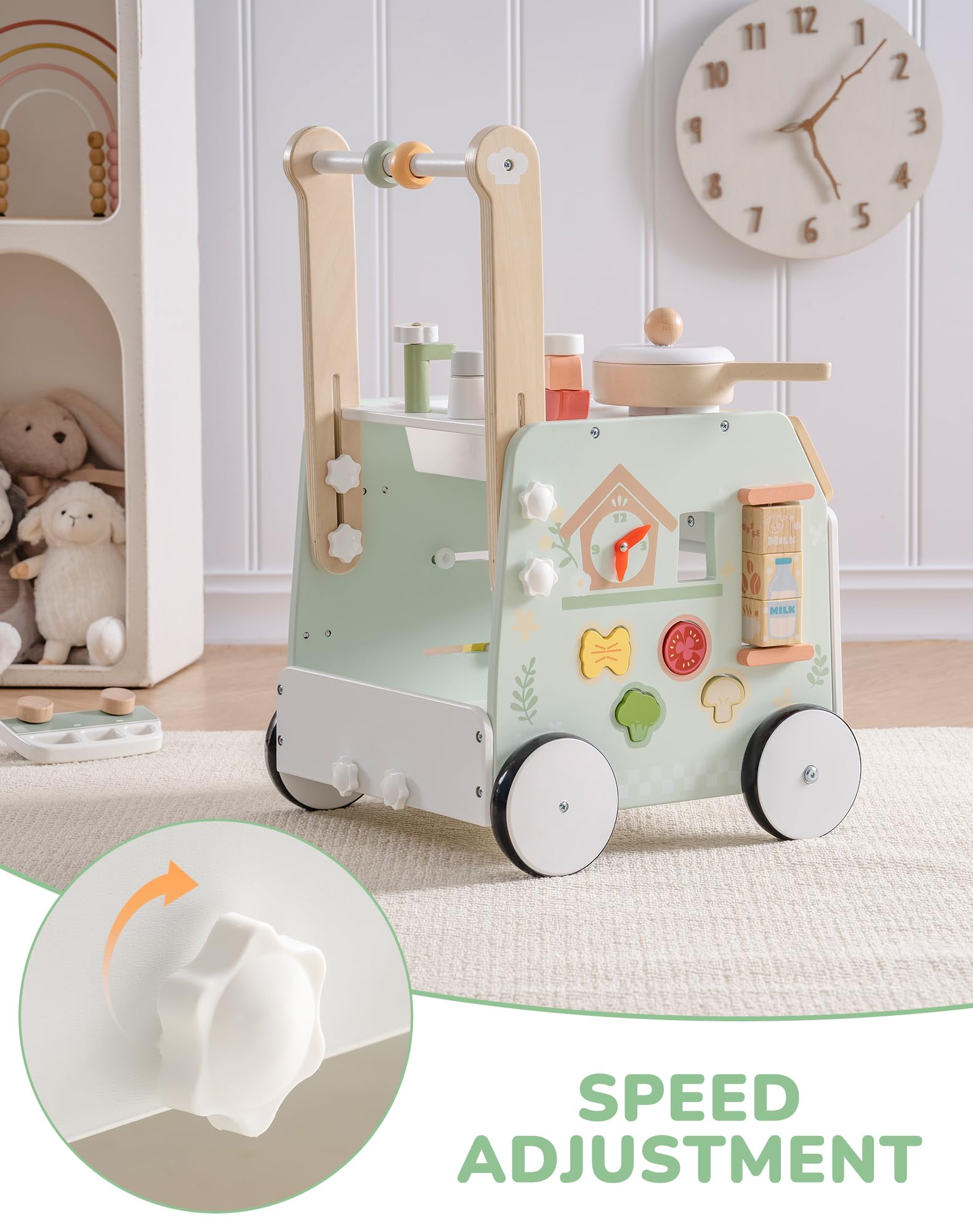 ROBOTIME Jouet en bois pour bébé avec ensemble de jeu de cuisine, cube d'activités 2 en 1 pour tout-petits, jouet éducatif d'apprentissage précoce, hauteur réglable et contrôle de la vitesse, cadeau