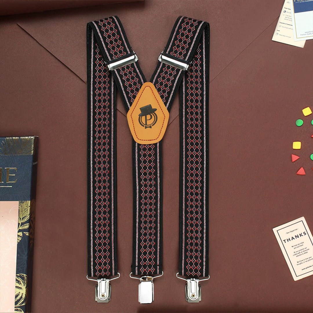 Peluche Honeycomb Black Coloured 3.5cm Strap Width Elastic Suspenders for Men
