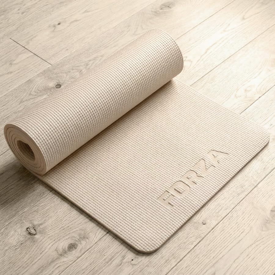 FORZA PVC Yoga Mat Non-Slip Exercise Mat – Lightweight Textured Foam Mat for Yoga, Pilates, Stretching & Home Workouts – Durable Mat for Gym (Beige, Pack of 15, Without Carry Strap)