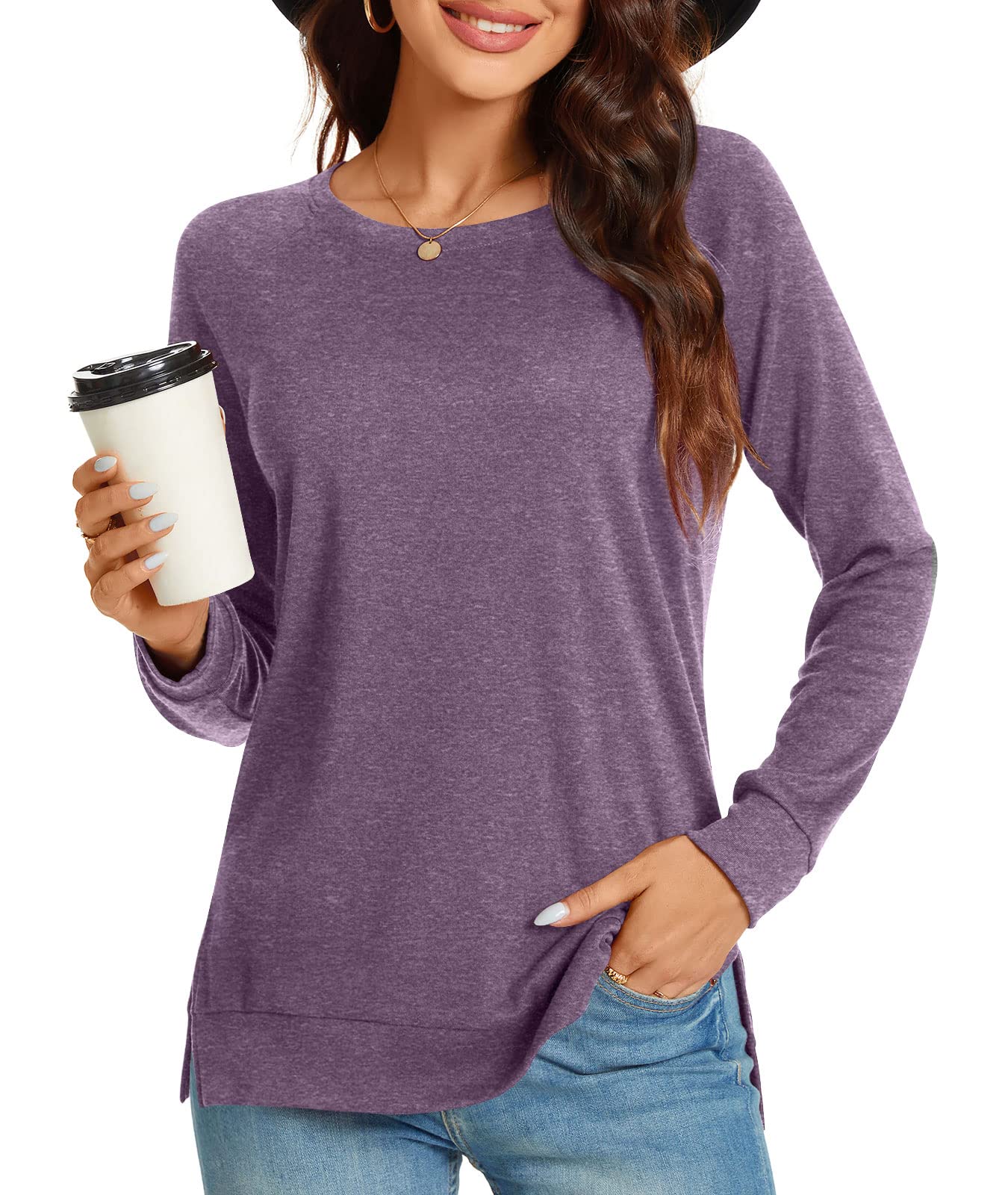 Women's Long Sleeve Crewneck Sweatshirt - Loose Fit Tunic Top With Side Pockets, Casual Split Hem Pullover