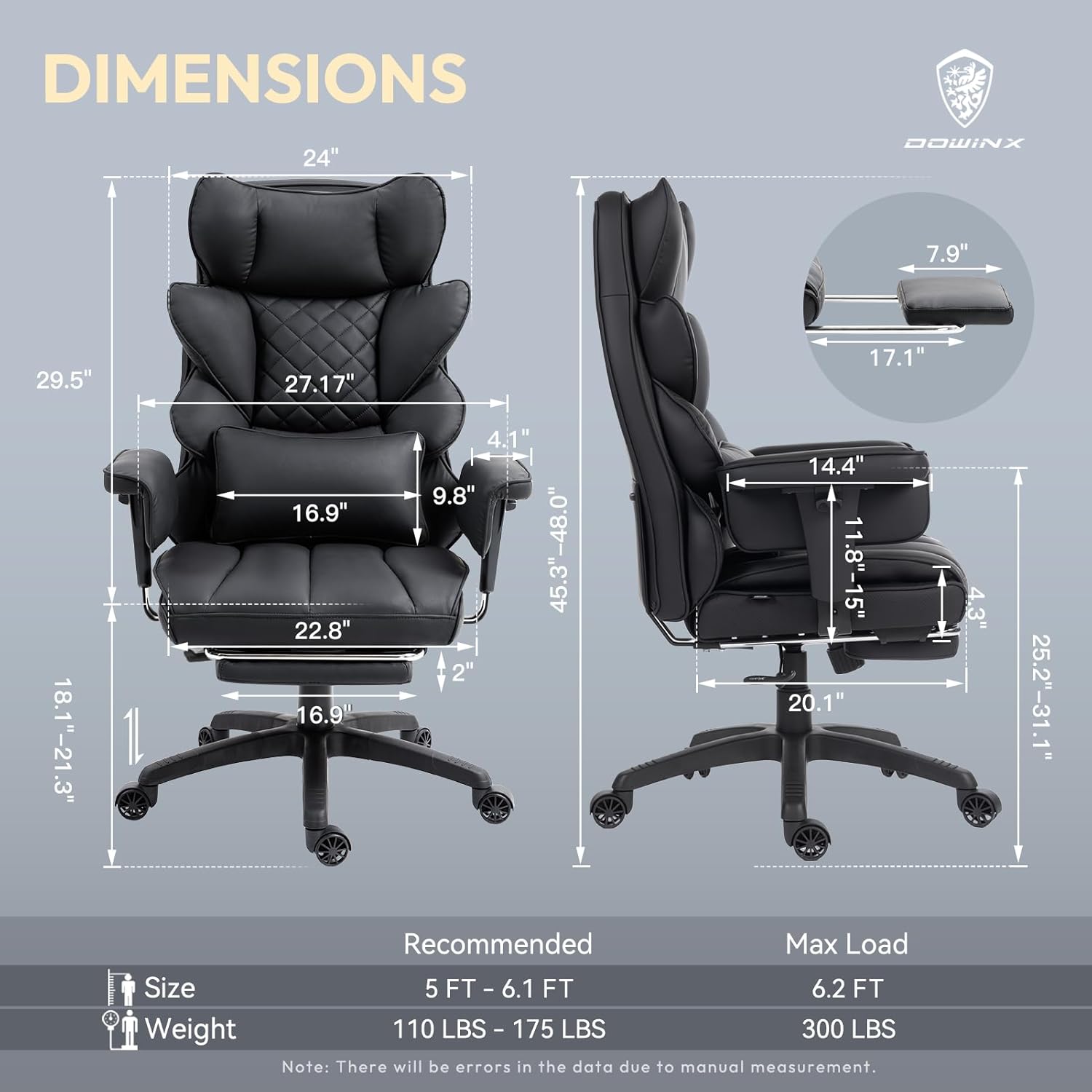 Dowinx Big and Tall Office Chair, High Back PU Leather Computer Gaming Chair with Pocket Spring Cushion, Adjustable Armrests, Lumbar Support, and Footrest –Deep Black